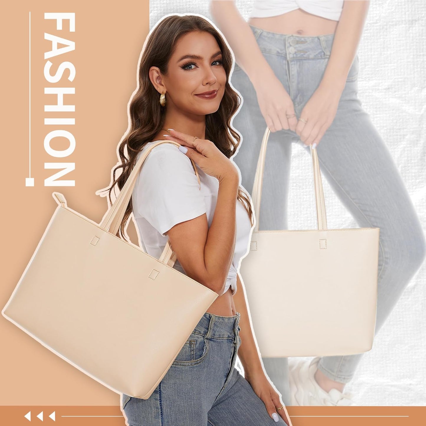 KALIDI Tote Bag Zipper Shoulder Bag Faux Leather Purses for Women Large Casual Handbag Work Dating College