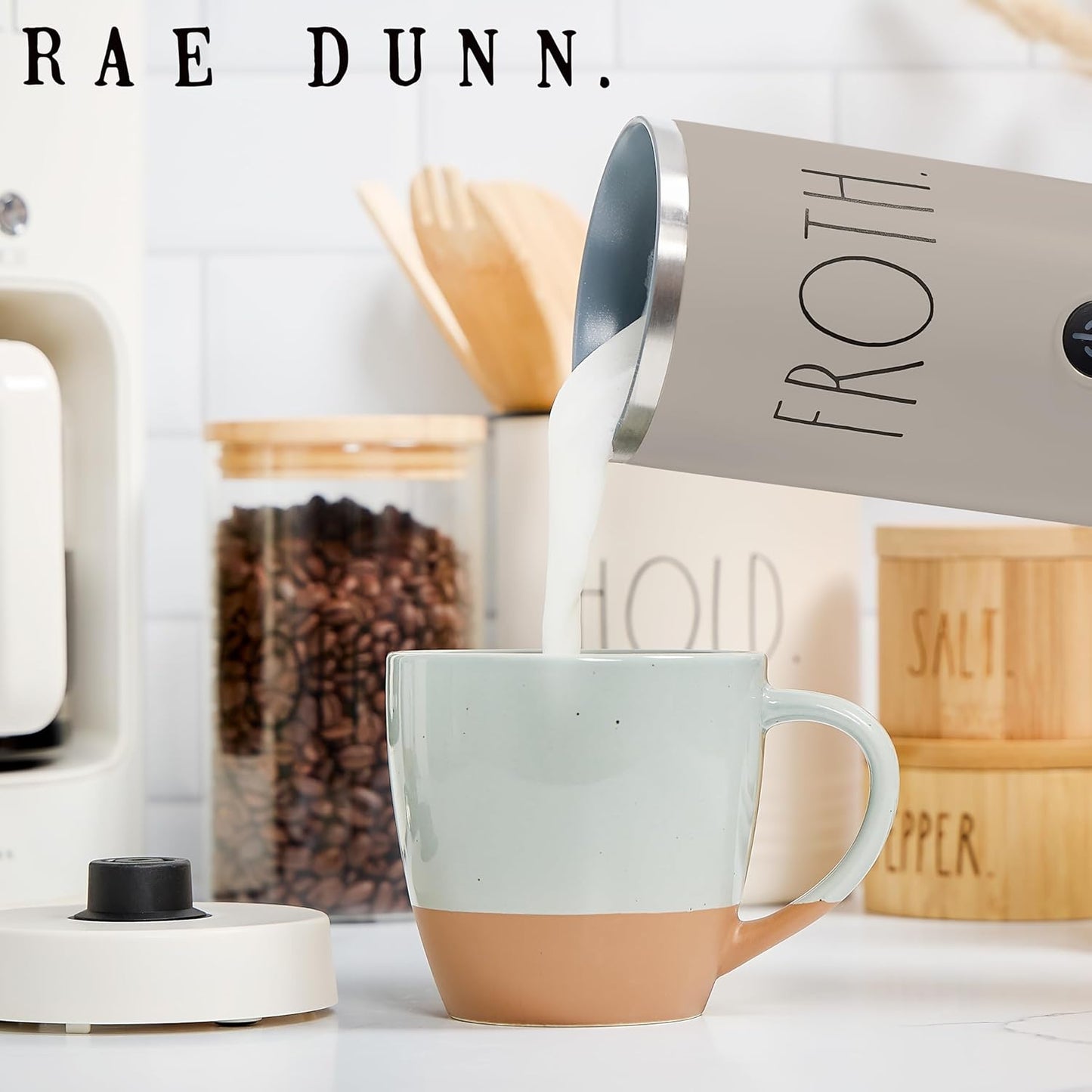 Rae Dunn - Electric Milk Frother - Elegant Automatic Milk Steamer and Frother, Milk Warmer, Hot and Cold Frothing Machine for Coffee, Latte, Cappuccino, Macchiato,