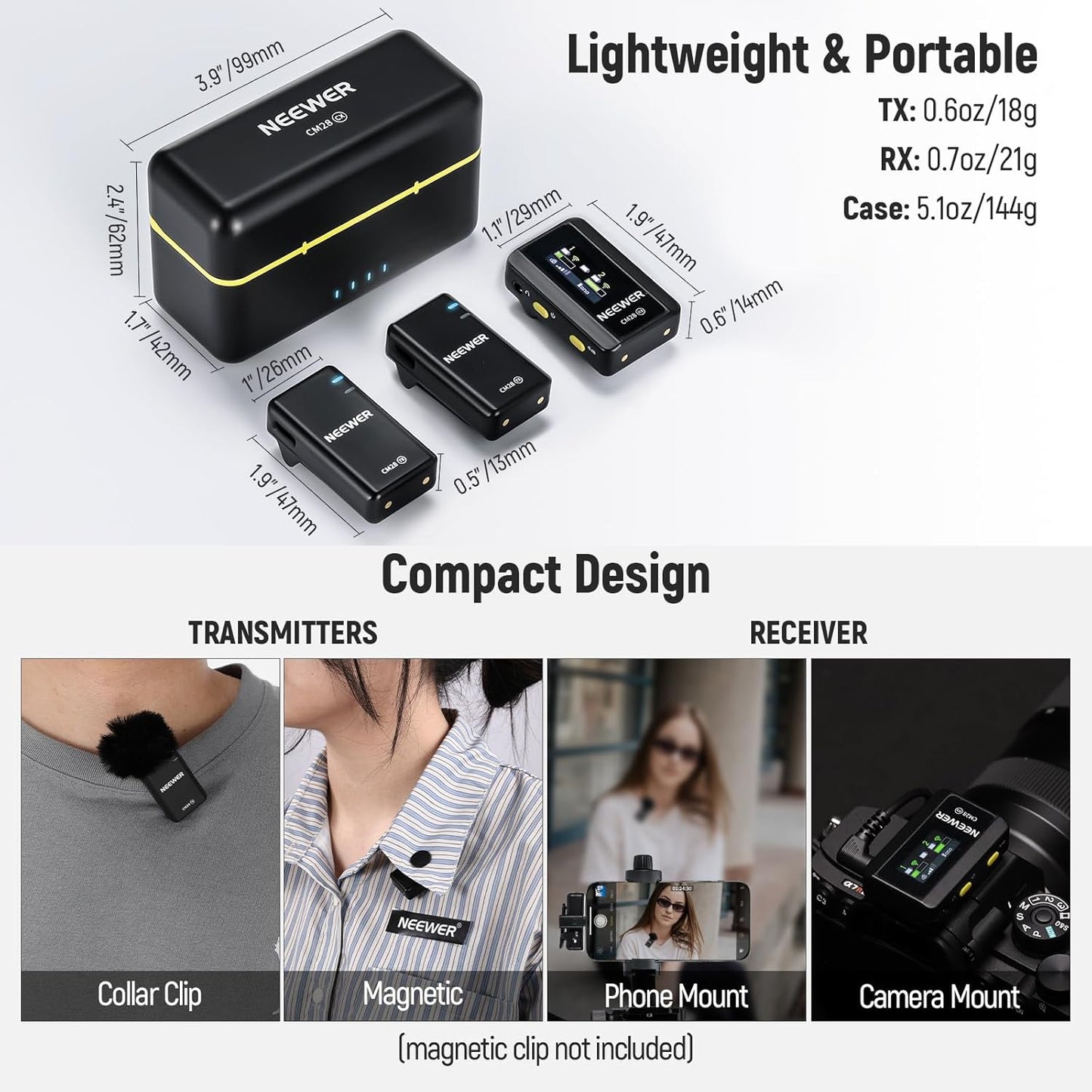 NEEWER CM28 Wireless Lavalier Microphone System with Charging Case, 1 Click Noise Canceling, 4GB Storage for 9Hrs of 48KHz 16 Bit Uncompressed Audio Lapel Mic Compatible with iPhone/Android/PC/Camera