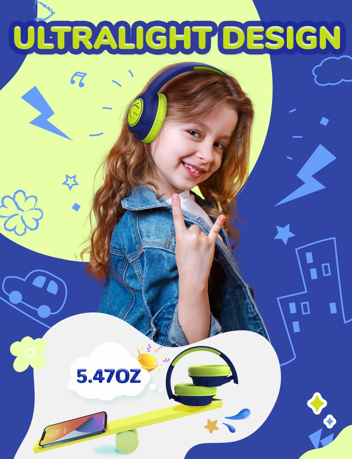 iClever Kids Headphones with Cord, 85dBA Safe Volume Wired Headphones for Kids, Stereo Sound Foldable Adjustable, 3.5mm Jack, Over Ear for School/Boys/Girls/iPad/Tablet/Travel, Blue