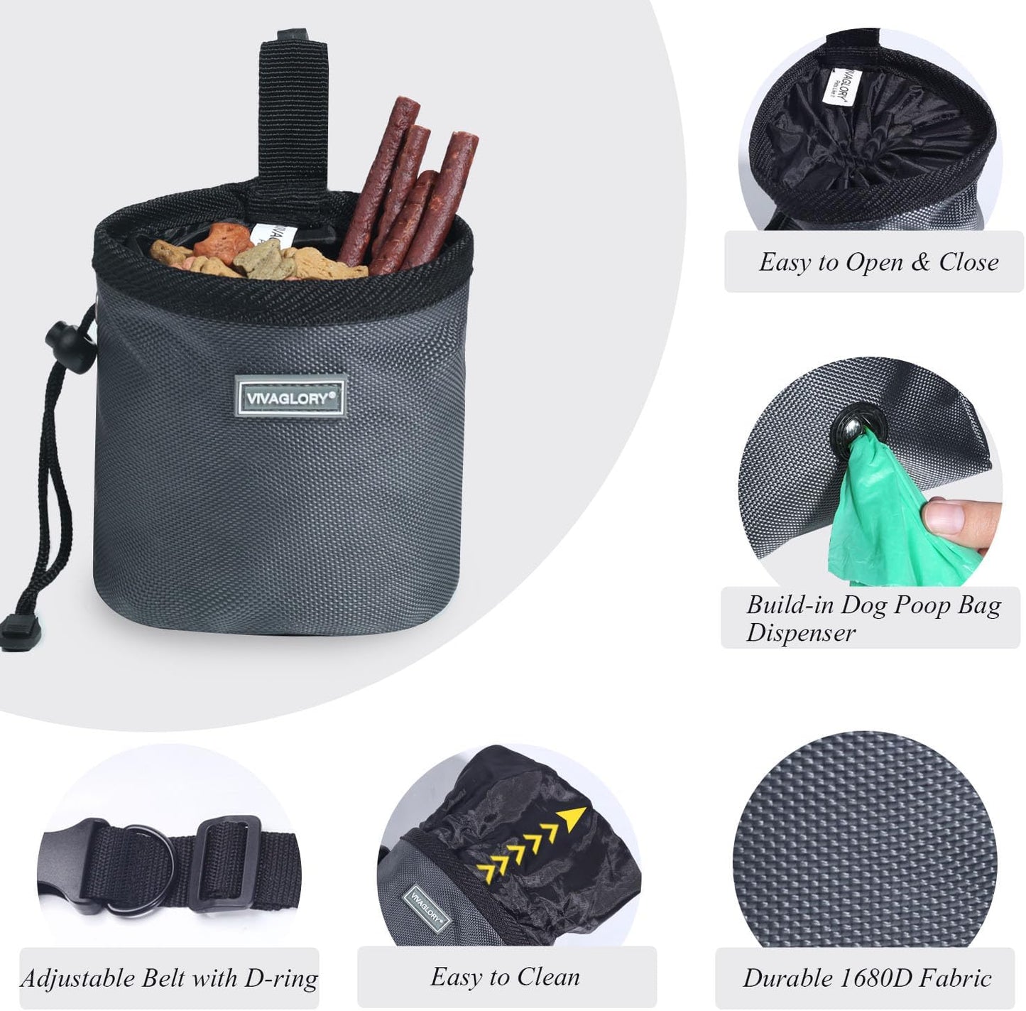 VIVAGLORY Dog Treat Bags, Puppy Pet Dog Training Treats Pouch Hands-Free 2 Ways to Wear with Adjustable Waistband and Built-in Dog Waste Bag Dispenser, Heather Black