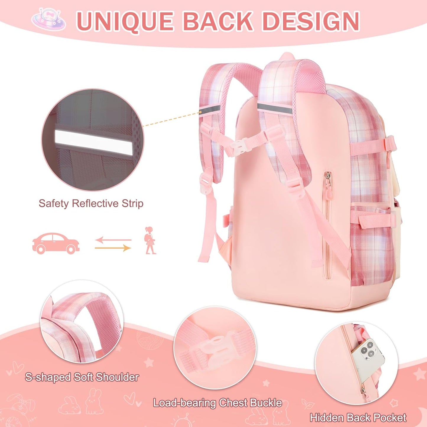 FIXITOK Girls Backpack Set, 3PCS Kids Backpack for Girls, Kawaii Bunny School Backpacks for Girl Kindergarten Elementary Preschool Middle School Bags with Lunch Box Pencil Case Aquamarine