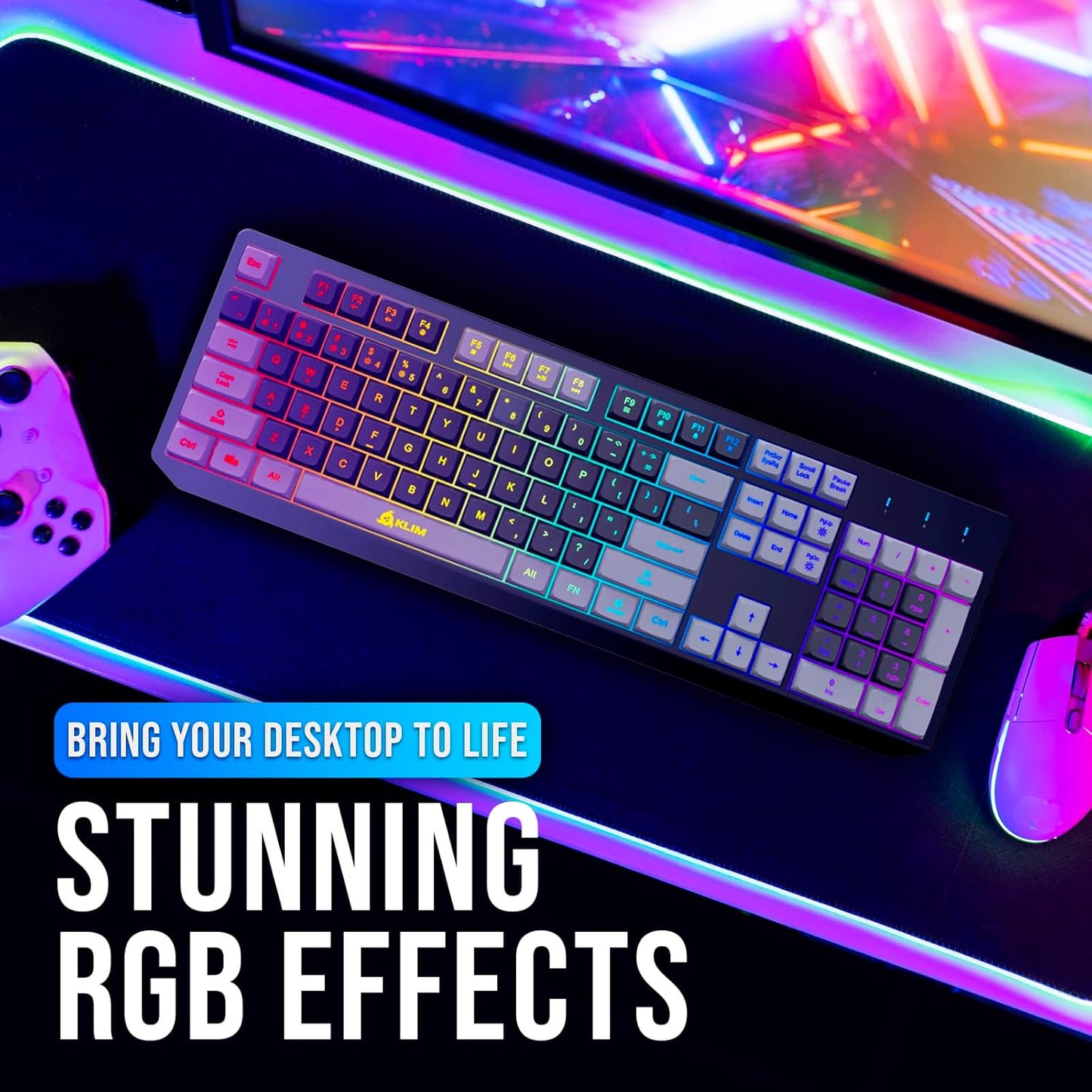 KLIM Chroma Wireless Gaming Keyboard RGB New - Long-Lasting Rechargeable Battery - Quick and Quiet Typing - Water Resistant Backlit Wireless Keyboard for PC PS5 PS4 Mac - Black