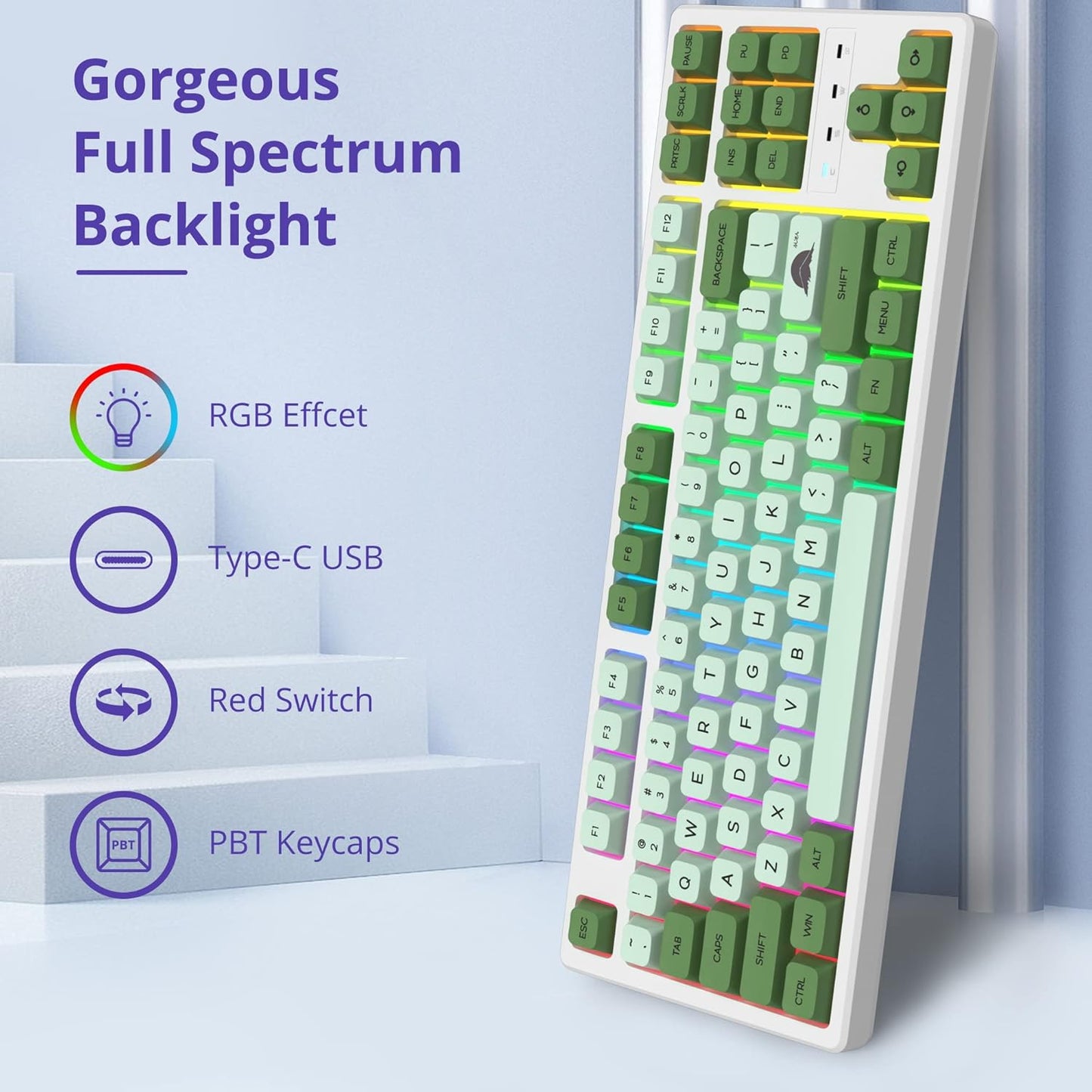 Fogruaden Full Size Mechanical Keyboard, Green Matcha Keyboard, Wired USB 104 Keys RGB Backlit Gaming Keyboard with Number Pad, Red Switches, NKRO Mechanical Keyboard for Windows Laptop PC Gamer