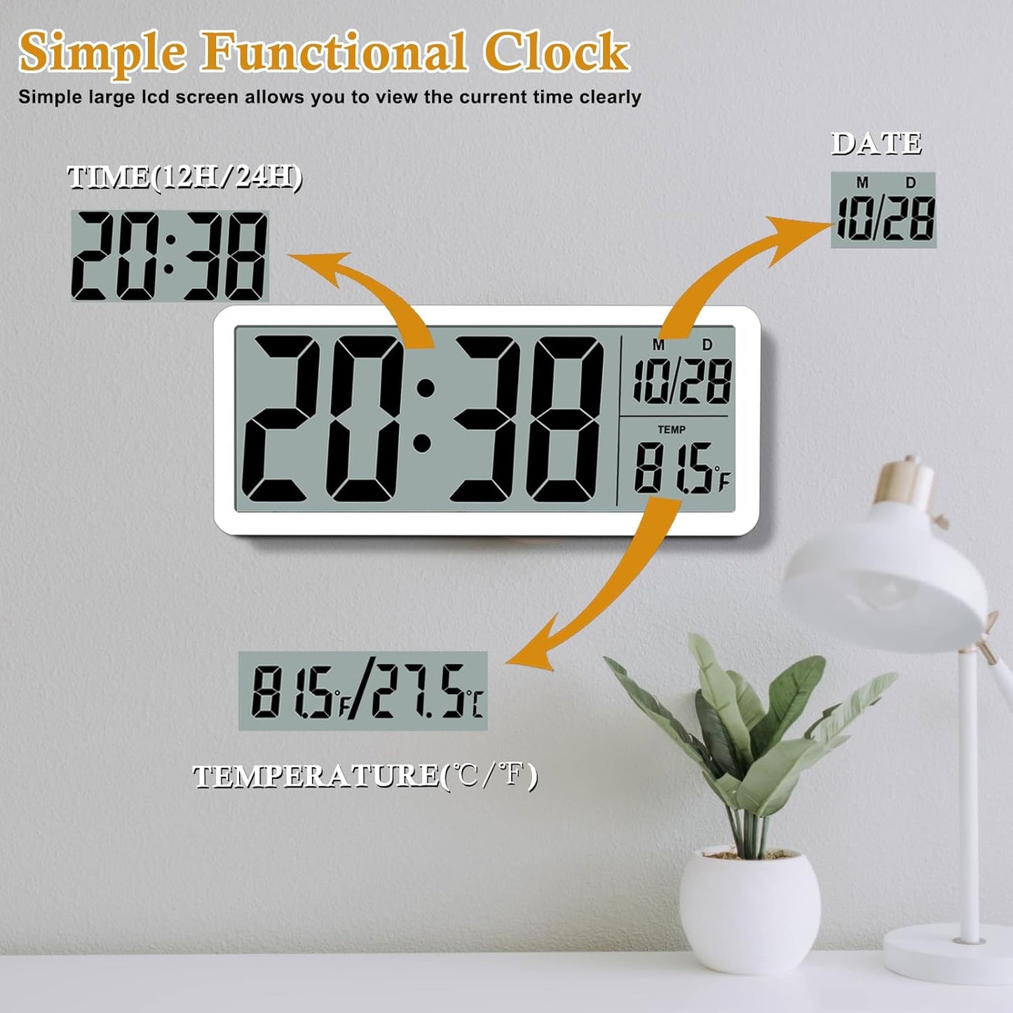 QINYUNE Digital LCD Wall Clock Easy to Set, 8.5 Inch LCD Screen with Time/Date/Temperature Display,Simple Digital Desk Clock with 12/24H for Bedroom Living Room Office
