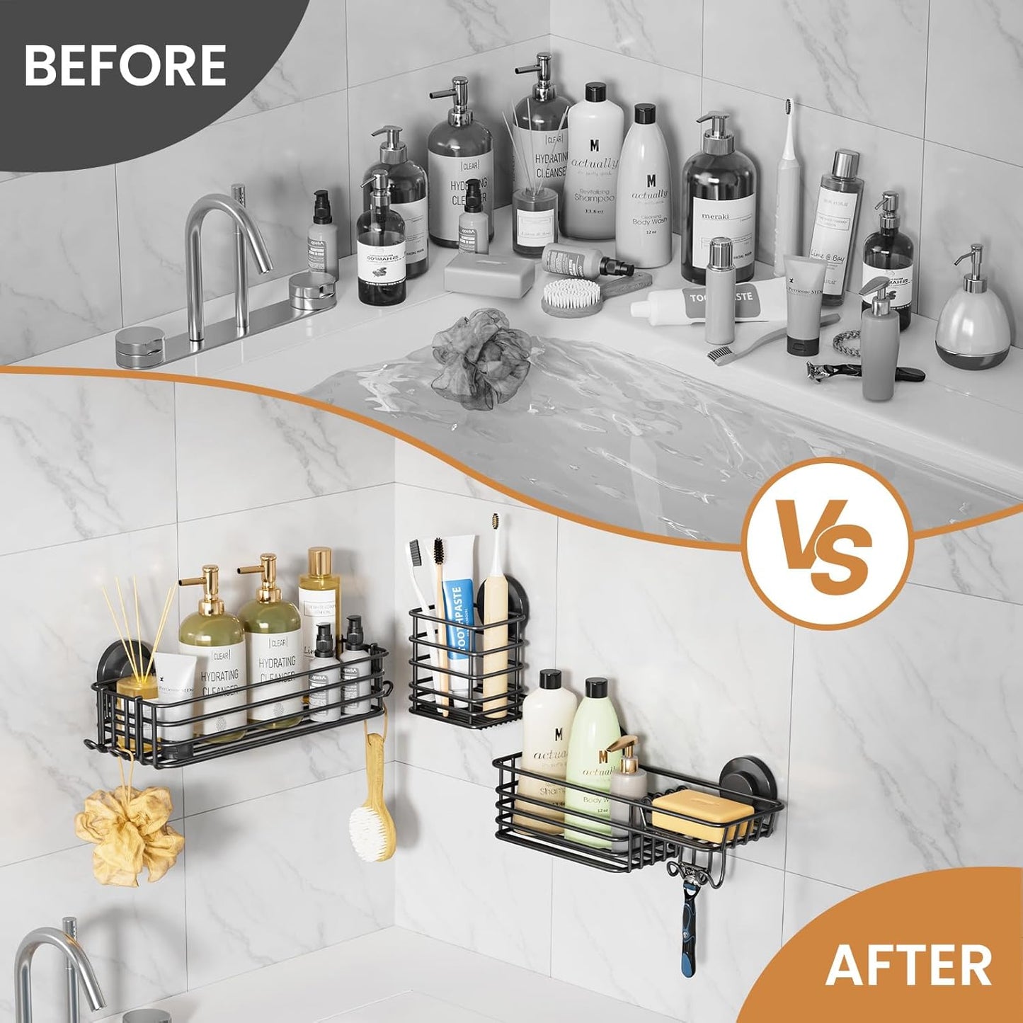 LEVERLOC Shower Caddy Suction Cup, 2 Pack Black Shower Shelf with Hooks and Soap Holder, NO-Drilling Bathroom Organizer, Rustproof Metal Bathroom Storage and Organization