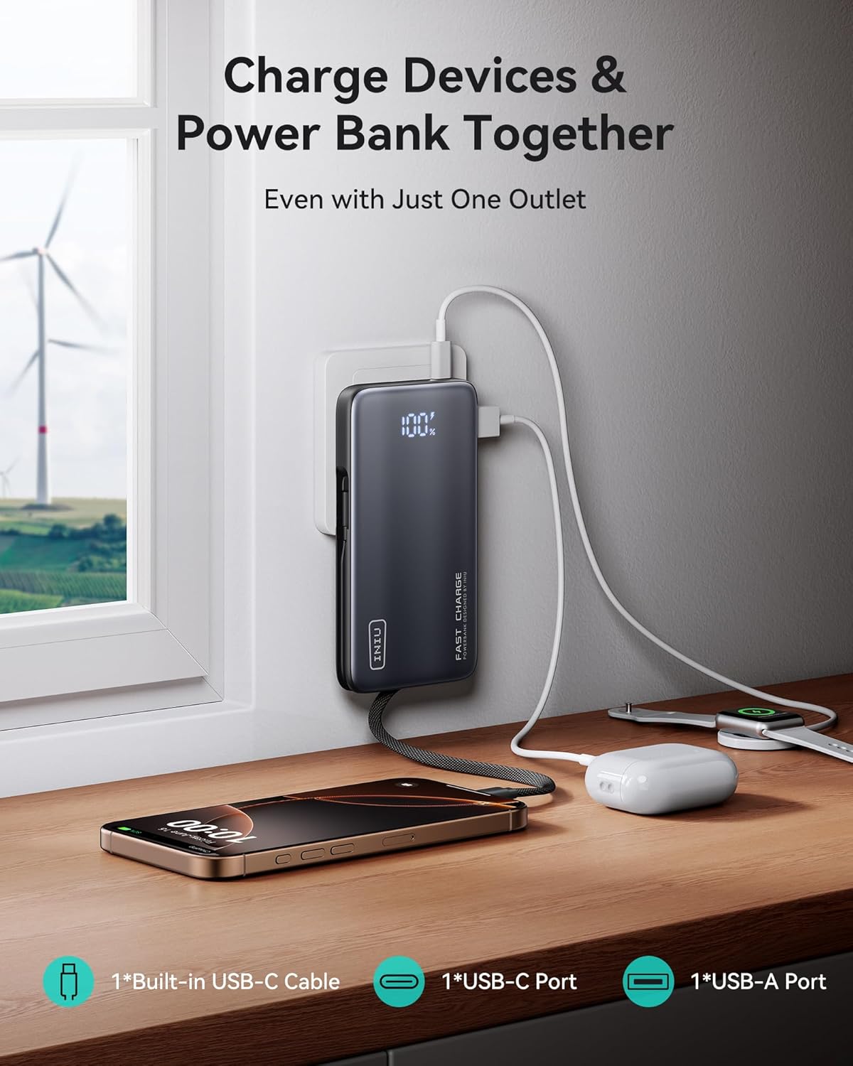 INIU 3-in-1 Portable Charger, Slim 10000mah Power Bank with Built-in USB C Cable and Foldable AC Plug, 45W PD Fast Charging Battery Pack, Travel Charger for iPhone 16 15 Samsung S23 S22 Google etc