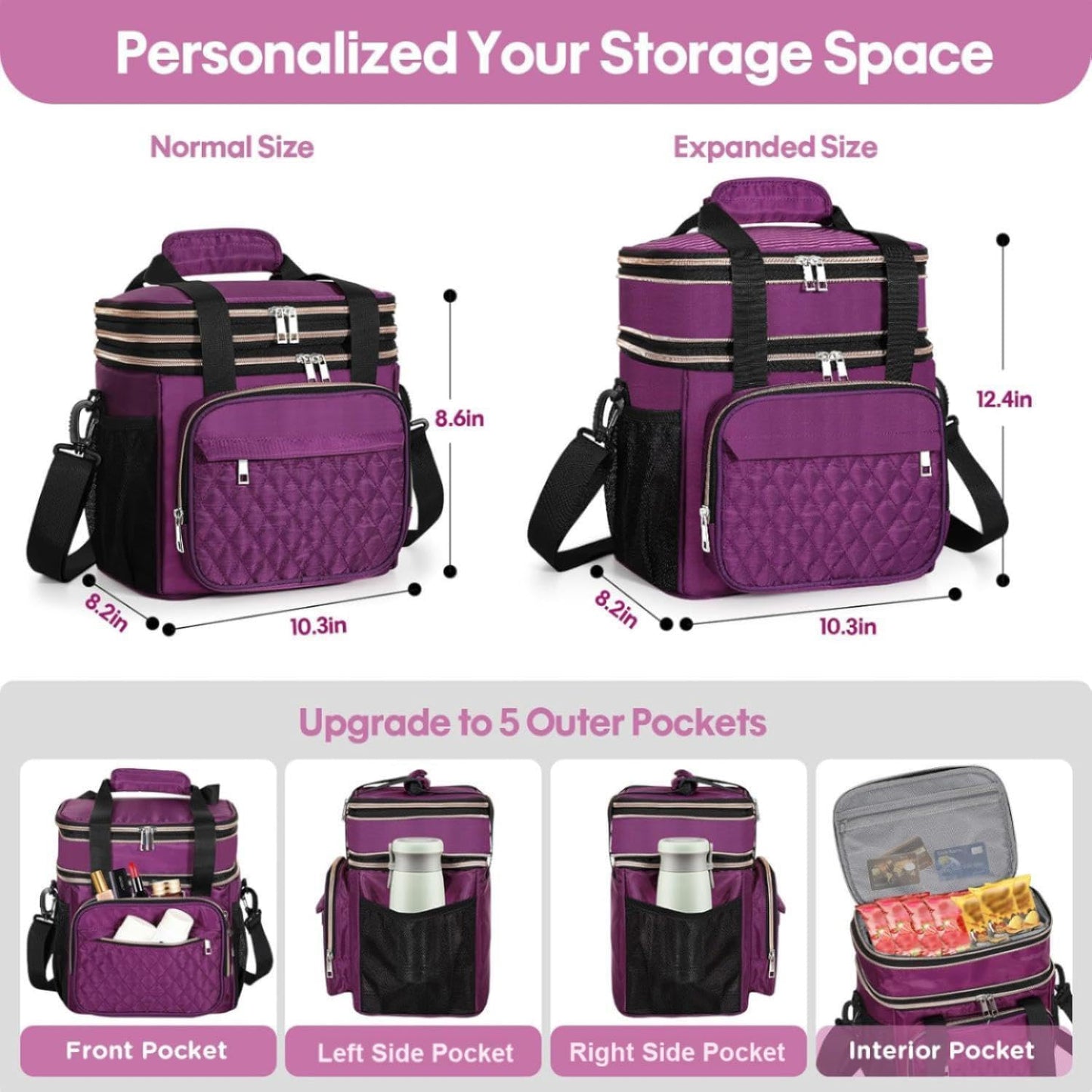 Expandable Large Lunch Bag, Double Deck Insulated Lunch Box Leakproof Durable Soft Cooler Bag for Men Women Adults Work Construction Beach Picnic Daytrip,16L,Black, GLENKEY
