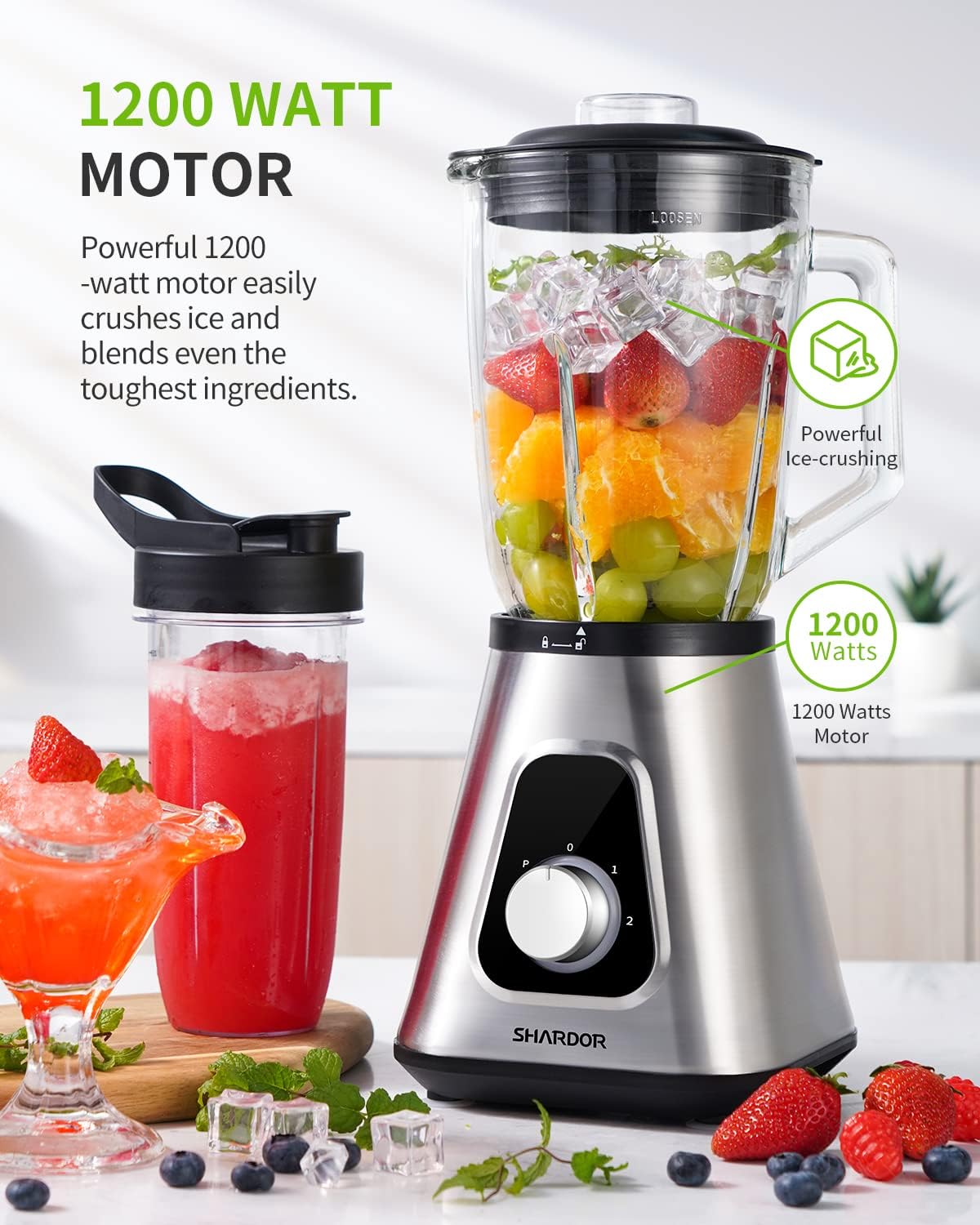 SHARDOR 1200W Blender for Smoothies, Countertop Blender Combo, 52oz Glass Jar, 22oz Travel Cup, 3 Adjustable Speed for Frozen Fruit Drinks, Smoothies, Sauces, Shakes, Silver