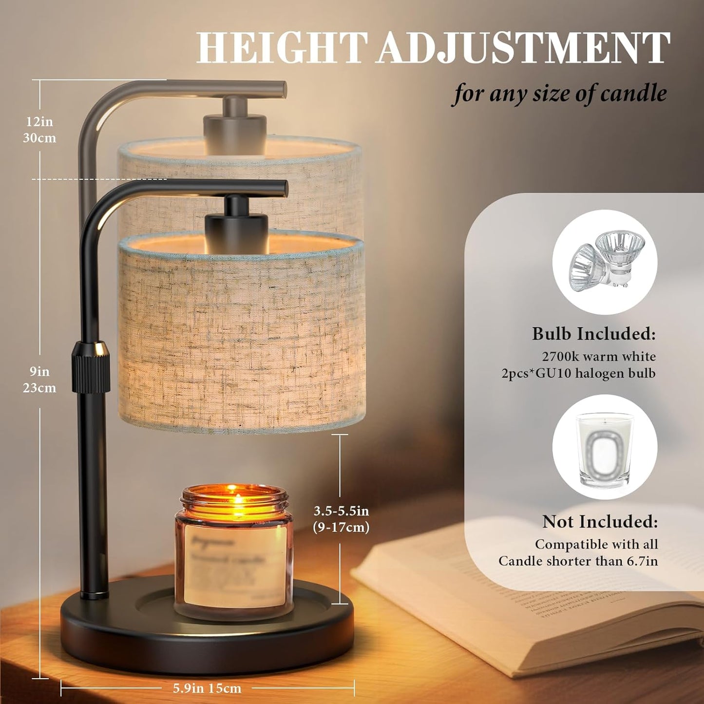 Candle Warmer Lamp with Timer Dimmer, Adjustable Height Black Electric Candle Warmer Wax Heater with 2 Bulbs, Birthday Gifts for Women Her, Mom, House Warming Gifts New Home