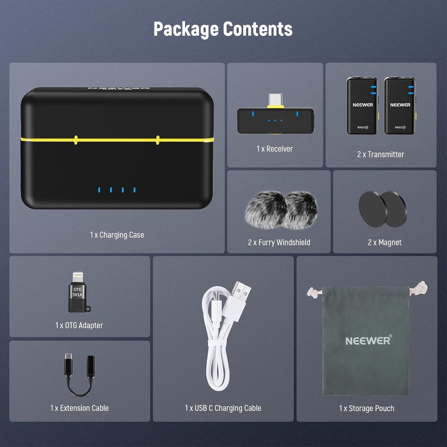 NEEWER CM28 Wireless Lavalier Microphone System with Charging Case, 1 Click Noise Canceling, 4GB Storage for 9Hrs of 48KHz 16 Bit Uncompressed Audio Lapel Mic Compatible with iPhone/Android/PC/Camera