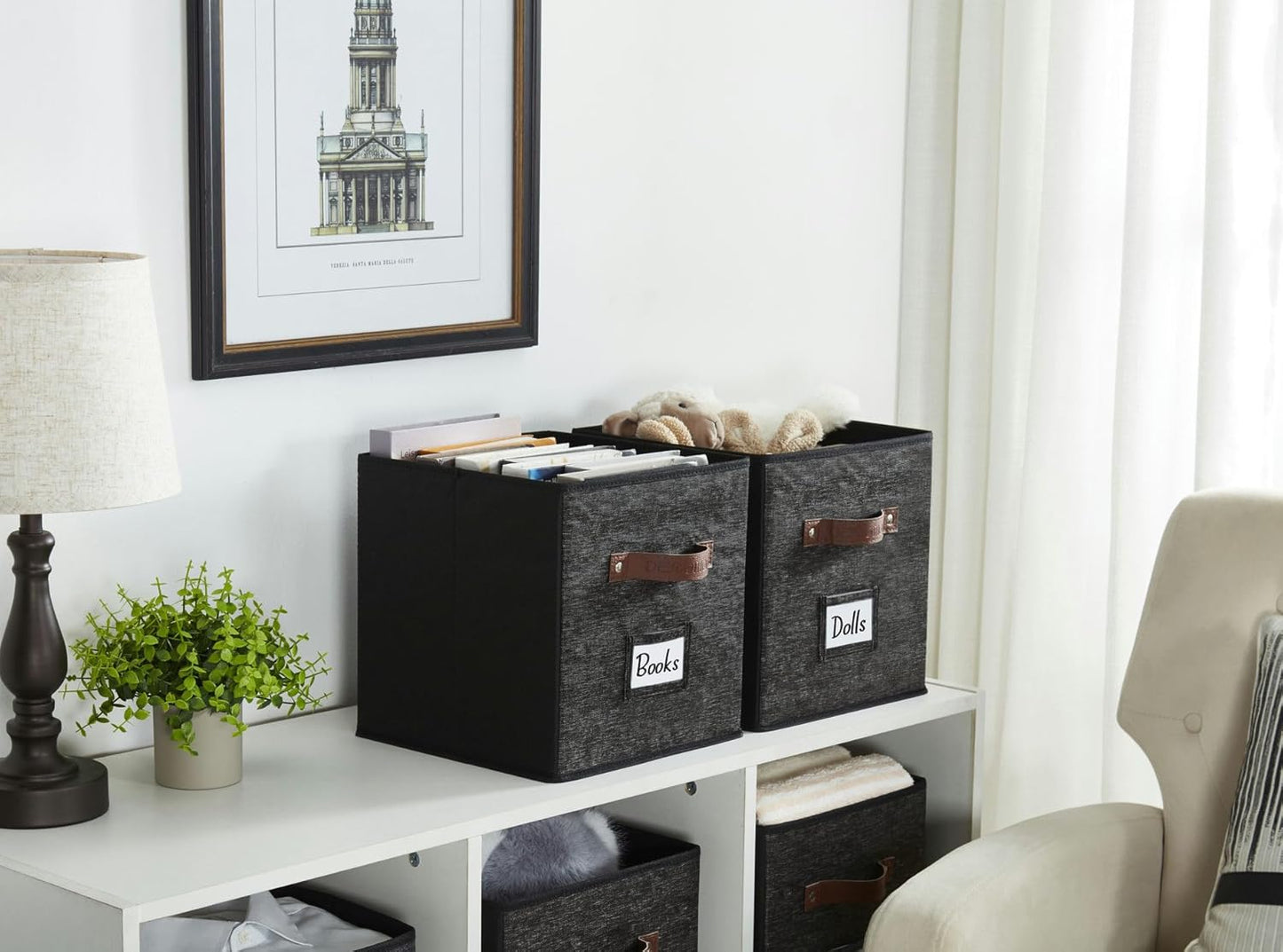 DECOMOMO Cube Storage Bin, Storage Cubes with Labels, Baskets for Shelves Kallax Linen Closet Organizers (Cube 10.5x11"/ 6pcs, Black)