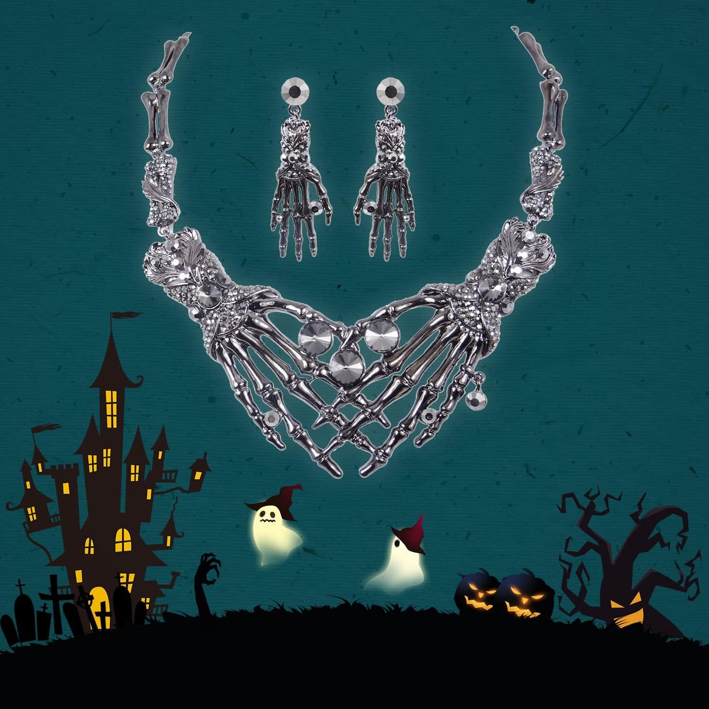 EVER FAITH Austrian Crystal Halloween Skeleton Hand Skull Necklace Earrings Set