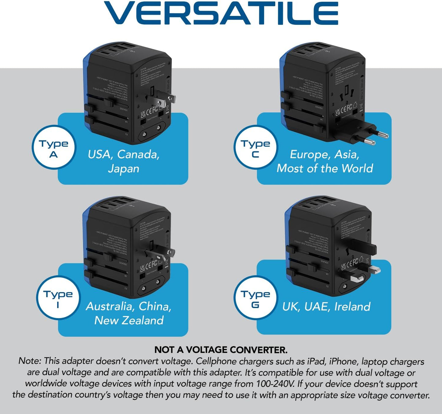 Ceptics Universal Travel Adapter kit, Dual USB (QC 3.0) + 2 US outlets + USB-C Cable, Use with Chargers, Cell Phones, Laptops, 6 Plug attachments for Worldwide use (Does Not Convert Voltage) (WPS-2B)