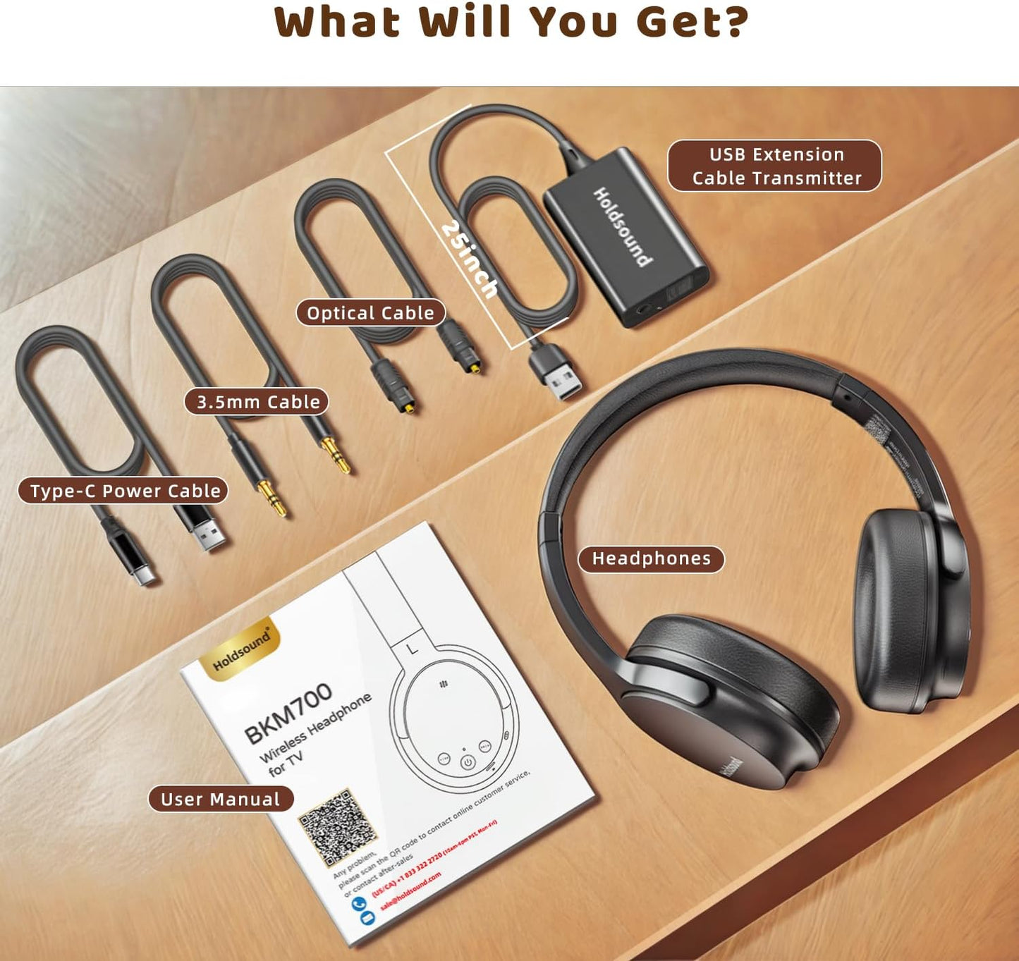 Holdsound Wireless Headphones for TV Watching, TV Headphones Wireless for Seniors with USB Transmitter, 25hrs, No Lip-Sync Delay, Plug and Play, Gifts for Elderly,Light Black