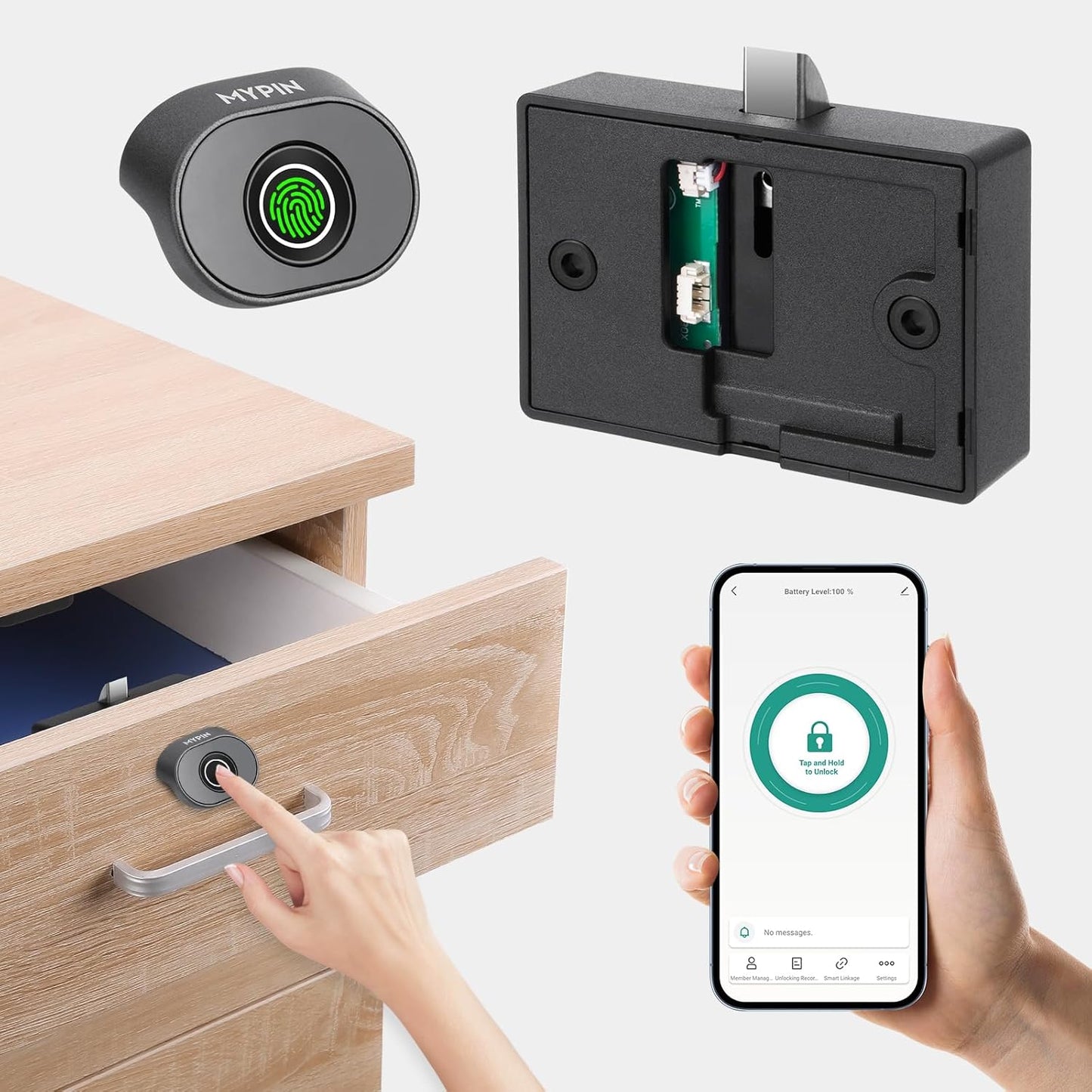 Bluetooth Fingerprint Cabinet Lock with Phone/Watch App Unlock, Smart Biometric Cabinet Lock, Keyless Hidden File Drawer Wardrobe Lock, Child Safety Electric Fingerprint Lock,DIY Wooden Furniture Lock