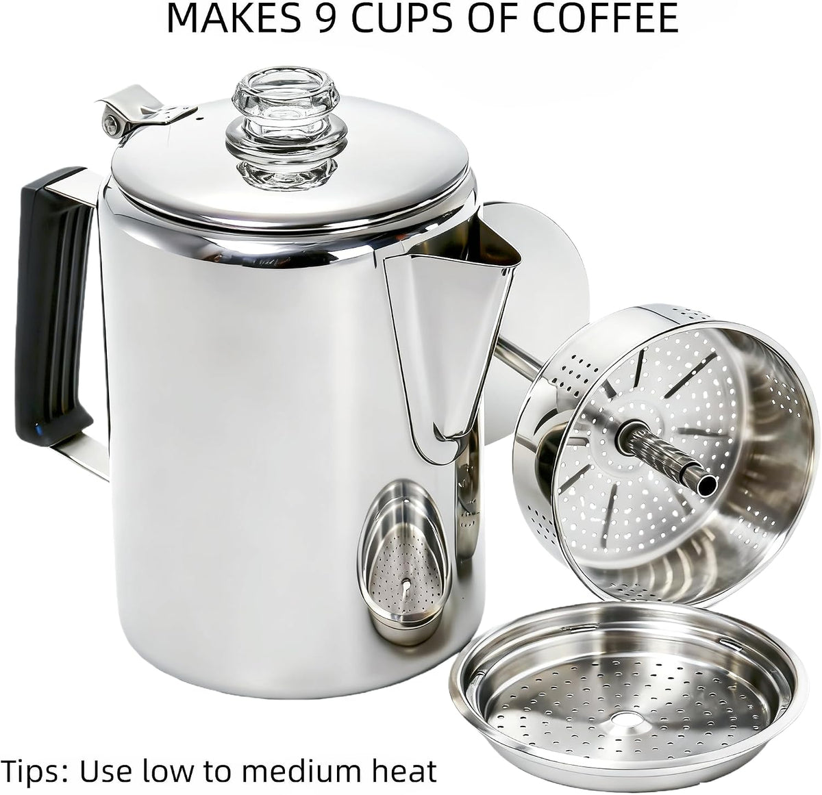 Cididu Coffee Percolator 9 Cup Camping Coffee Pot, Coffee Pot Outdoors, Stainless Steel Stove Top Brew Coffee Maker on Fire, Ideal for Group Camping, Hiking, Backpacking, RV and Travel