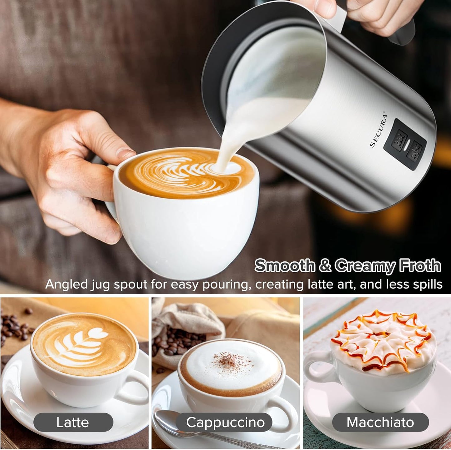 Secura Electric Milk Frother, Automatic Milk Steamer Warm or Cold Foam Maker for Coffee, Cappuccino, Latte, Stainless Steel Milk Warmer with Strix Temperature Controls (Black)