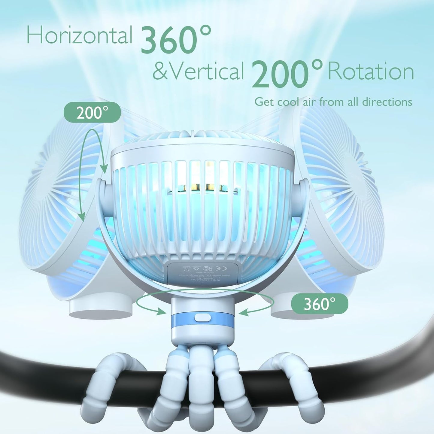 Momcozy Portable Stroller Fan, 27H Ultra-long Battery Life, Detachable 4 Speed 360°Rotate, LED Night Light with 2 Modes, USB Rechargeable and Handheld Cooling Fan for Travel, Car Seat