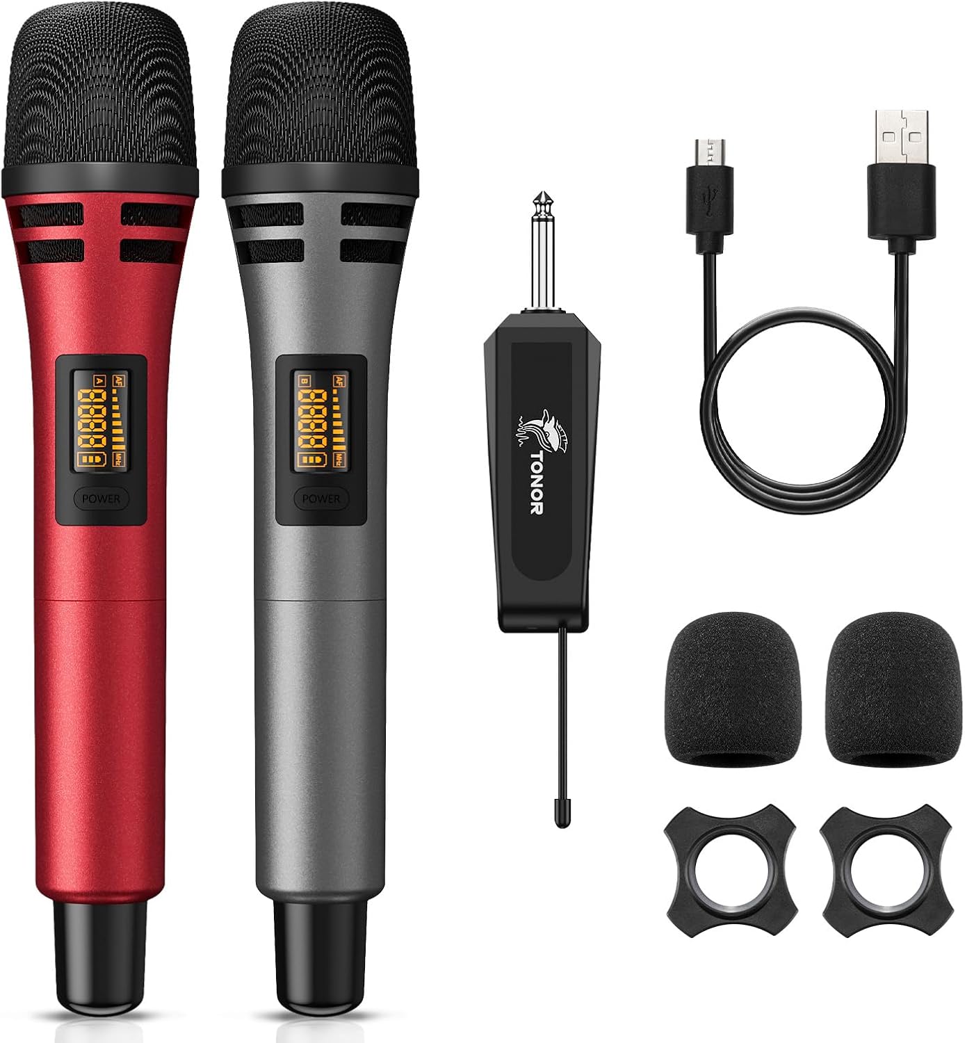 TONOR Wireless Microphones, UHF Dual Karaoke Microphone System, Microfonos Inalambricos with Rechargeable Receiver, Cordless Dynamic Mic for Singing, Wedding, DJ, Party, Speech TW320 Grey