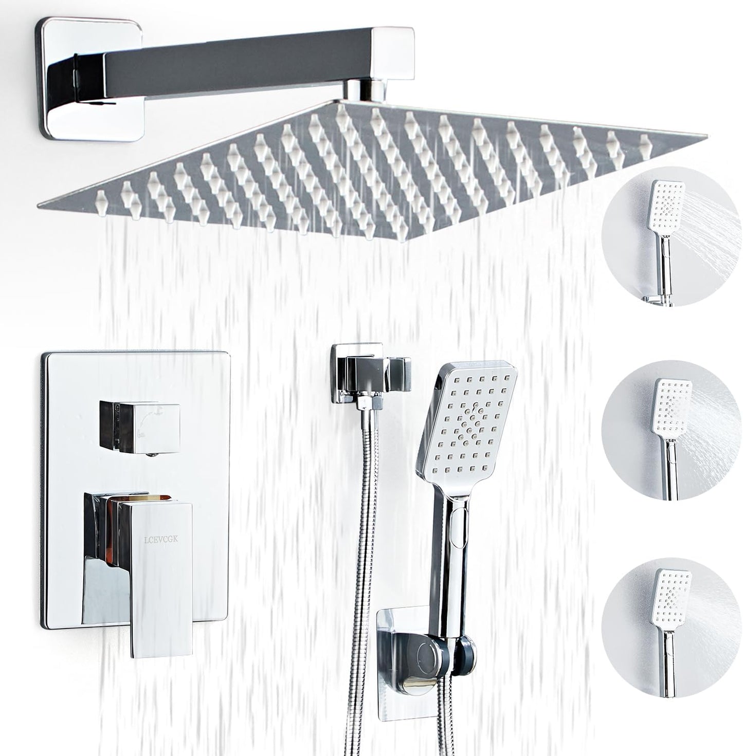 LCEVCGK Shower Faucet Set Complete Matte Black Shower System with 8 inch Square Rainfall Shower Head 3-Function Handheld Shower Waterfall Bathtub Spout Rain Shower Combo Set Bathroom Wall Mounted