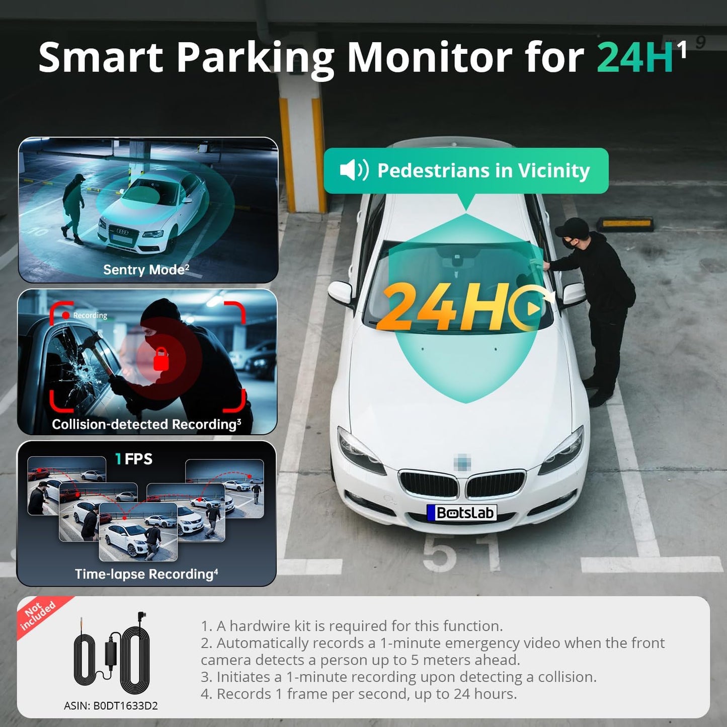 BOTSLAB 3 Channel 4K Dashcam with 128GB Card, Voice Command, 3.18 inch Touch Screen, 4K Front and 1080P Rear Inside Loop Recording, Triple Car Camera with IR Night Vision, WDR, Parking Mode