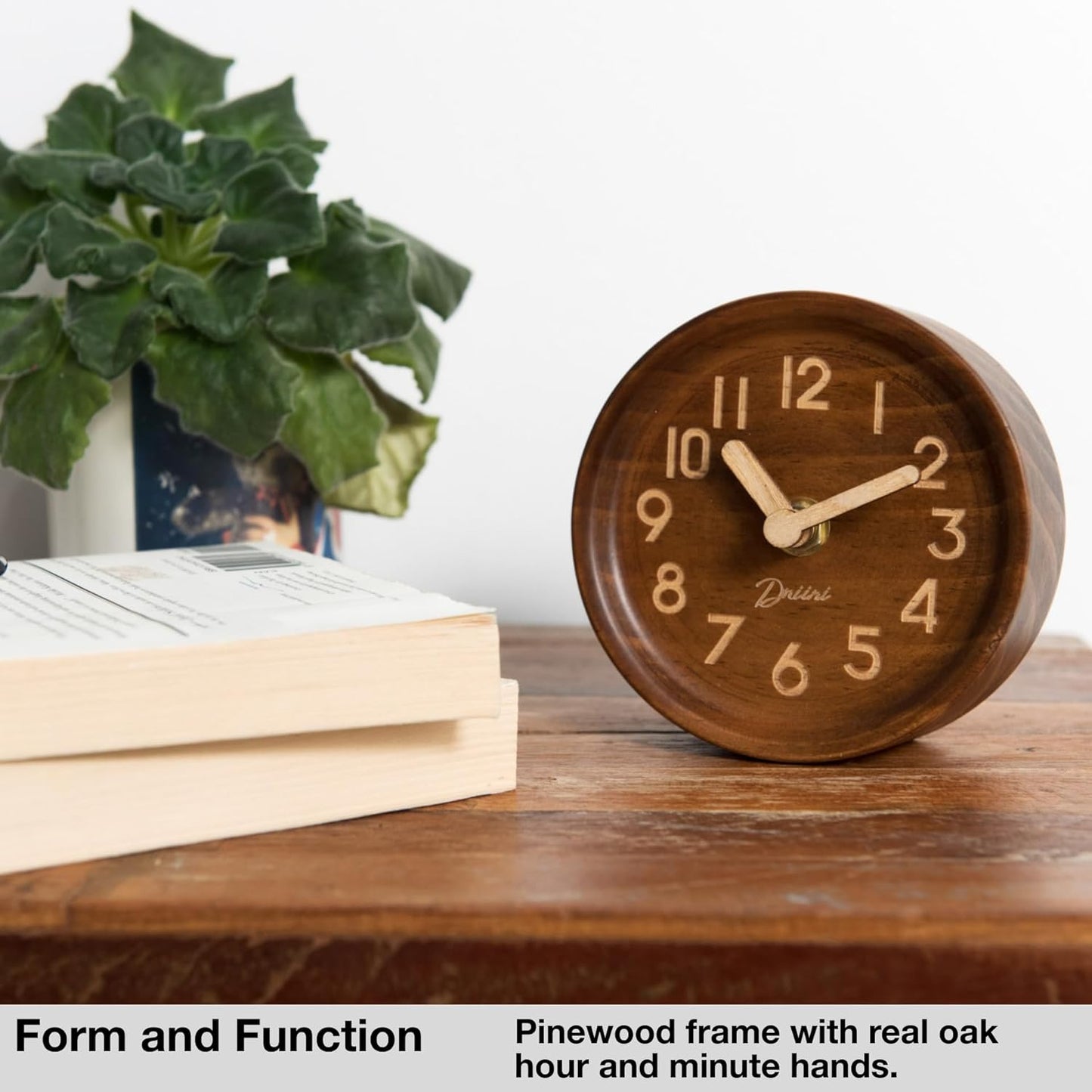 Driini Wooden Analog Desktop Clock – 4.3 in. Decorative Pinewood Clock, No-Tick Design – Easy to Read Silent Sweep Mantle Clock – Quiet Tabletop Clocks with Wood Body, Hands, & Battery Cover; White