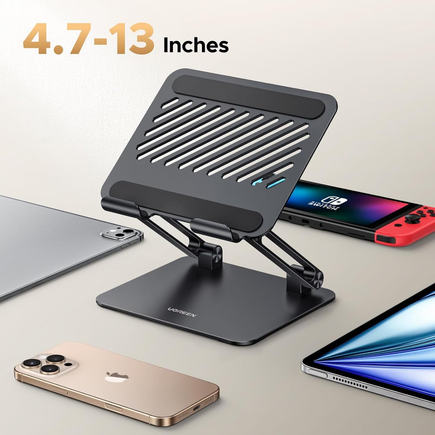 UGREEN Tablet Stand Holder for Desk, Aluminum Desktop Dock Adjustable Foldable Riser Compatible with iPad Pro 12.9, 9.7, 10.5, iPad Air, iPad mini, Surface Pro, Galaxy Tab, Black