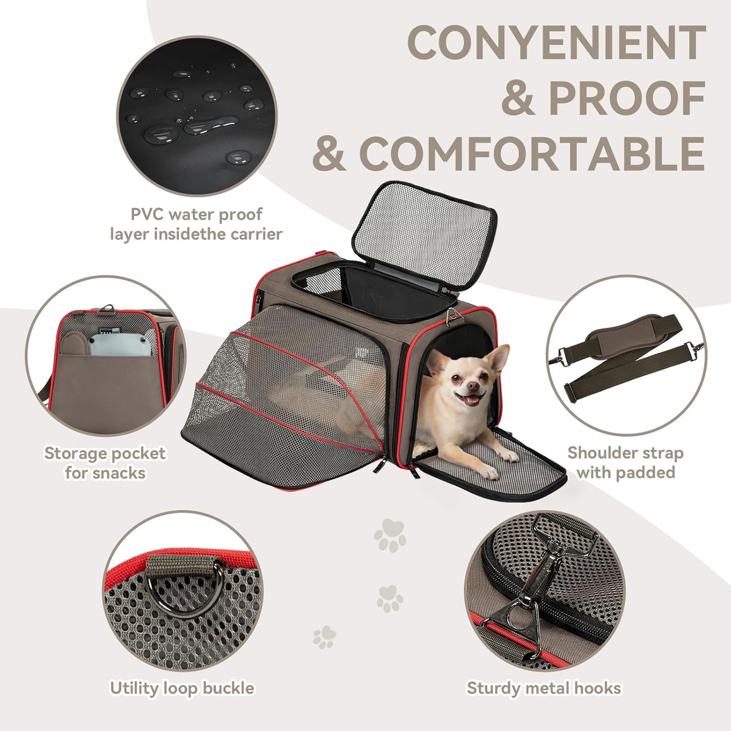 Petsfit Expandable Cat Dog Carrier Airline Approved, 17" L x 11" W x 11" H Soft-Sided Portable Pet Travel Carrier for Kitten, Puppy, Removable Soft Plush Mat and Pockets, Auto-Locking Zippers