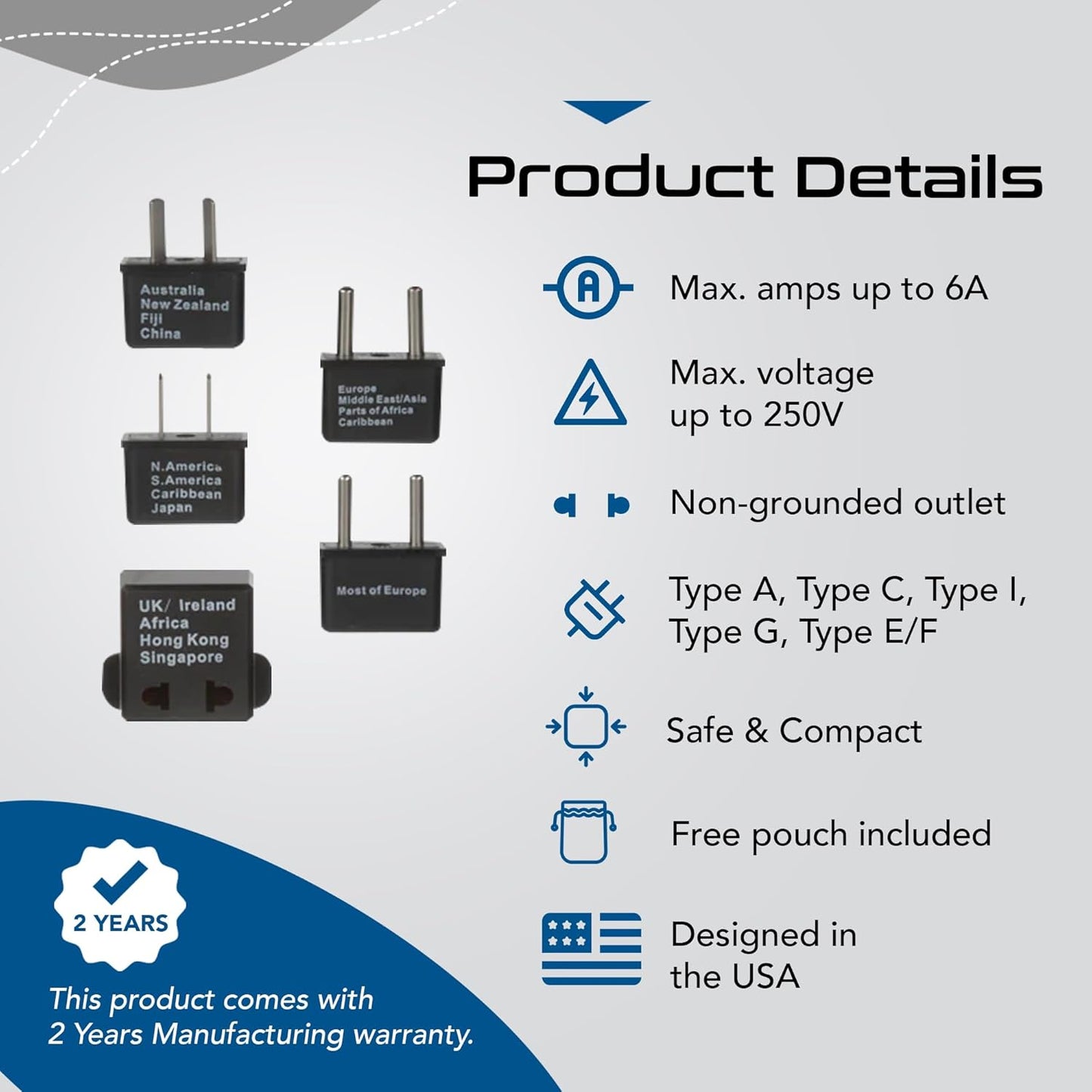 Ceptics Universal Travel Adapter kit, Dual USB (QC 3.0) + 2 US outlets + USB-C Cable, Use with Chargers, Cell Phones, Laptops, 6 Plug attachments for Worldwide use (Does Not Convert Voltage) (WPS-2B)
