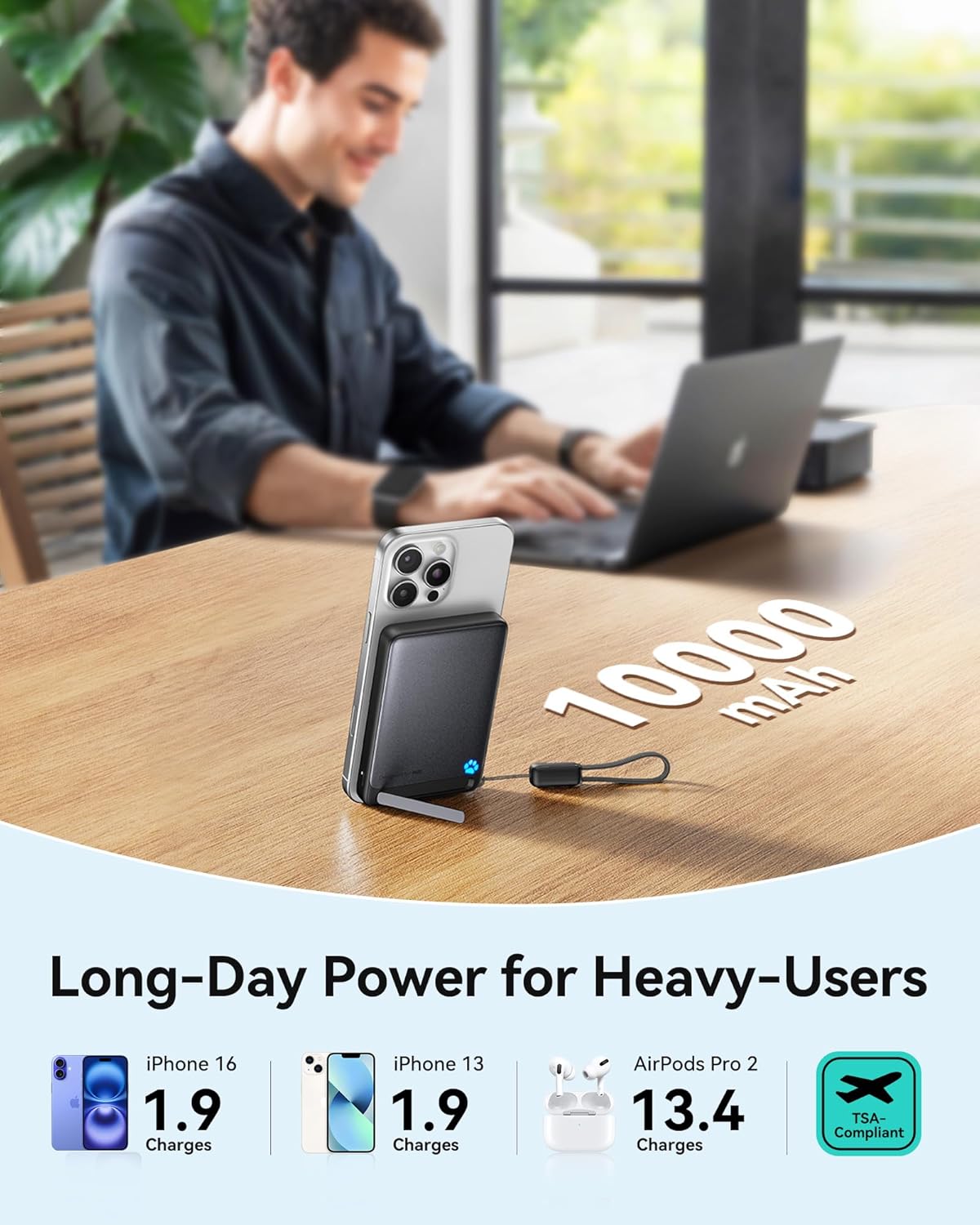 INIU for Portable Charger, Ultra Slim Qi2 Certified 10000mAh 45W Magnetic Power Bank, USB C in&Out Wireless Battery Pack with Foldable Stand, Phone Charger Only for iPhone 16/15/14/13/12 Series, Blue