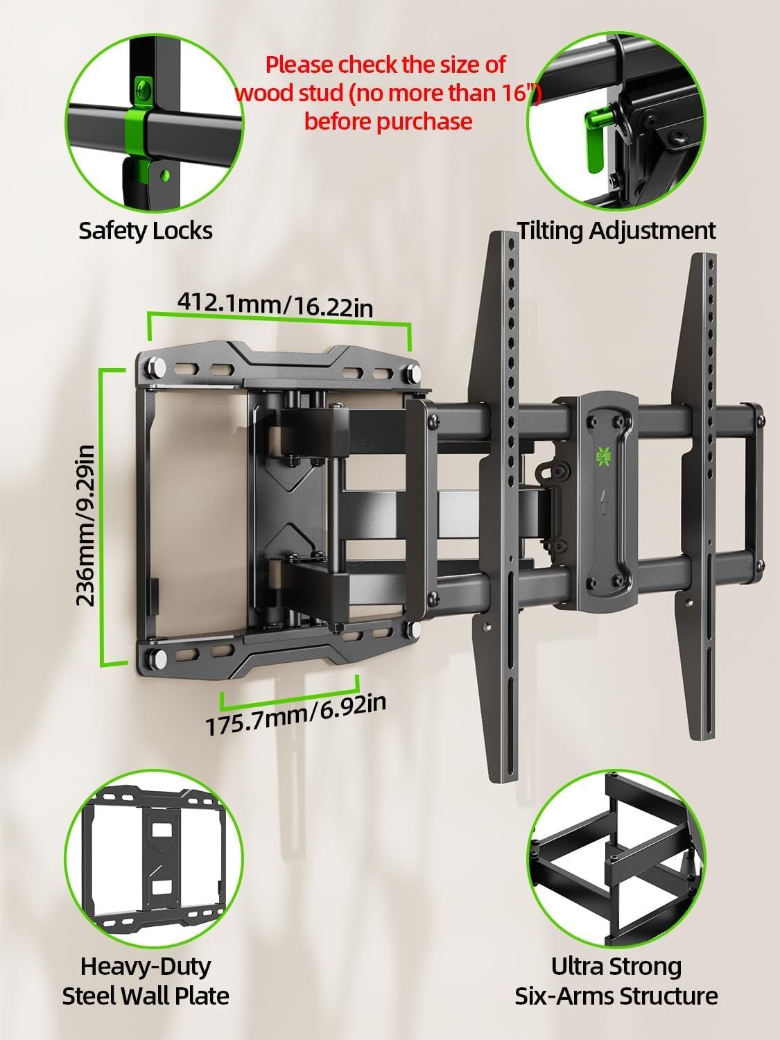 USX Mount UL Listed Full Motion TV Wall Mount for Most 37-86 inch TV, Swivel and Tilt Mount with Dual Articulating Arms Up to 132lbs, VESA 600x400mm, 16" Wood Studs, XML019