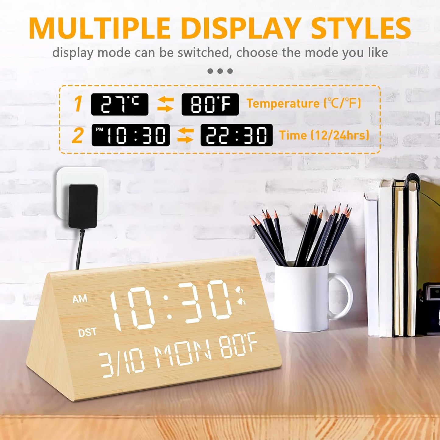 Kogonee Wooden Digital Alarm Clock, 0-100% Dimmer, 2 Alarm Settings, Weekday/Everyday Mode, 9 Mins Snooze, 12/24H, Temperature and Date Display for Office, Travel, Bedroom Alarm Clock (White)