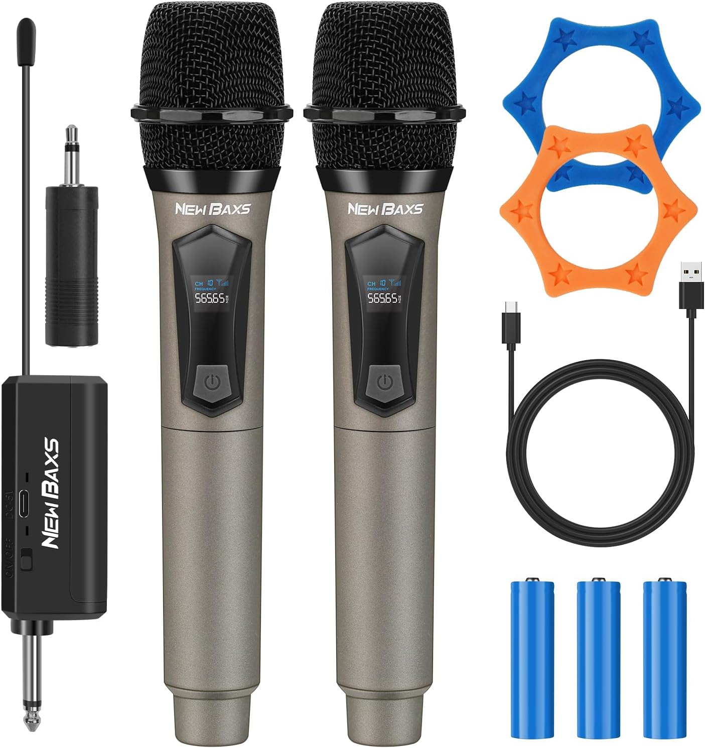 NEWBAXS Wireless Microphones,Dual Karaoke Microphone System,Microfonos Inalambricos with Rechargeable Receiver, Cordless Dynamic Mic Set for Singing, Wedding, DJ, Party, Speech,Micro Matte Gray