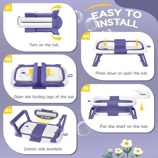 Collapsible Baby Bathtub,Baby Bath Tub with Thermometer & Soft Cushion,Baby Bathtub for Newborn to Toddler 0-36 Months,Portable Travel Baby Tub with No-Slip Feet,Baby Shower Gifts,Lavender