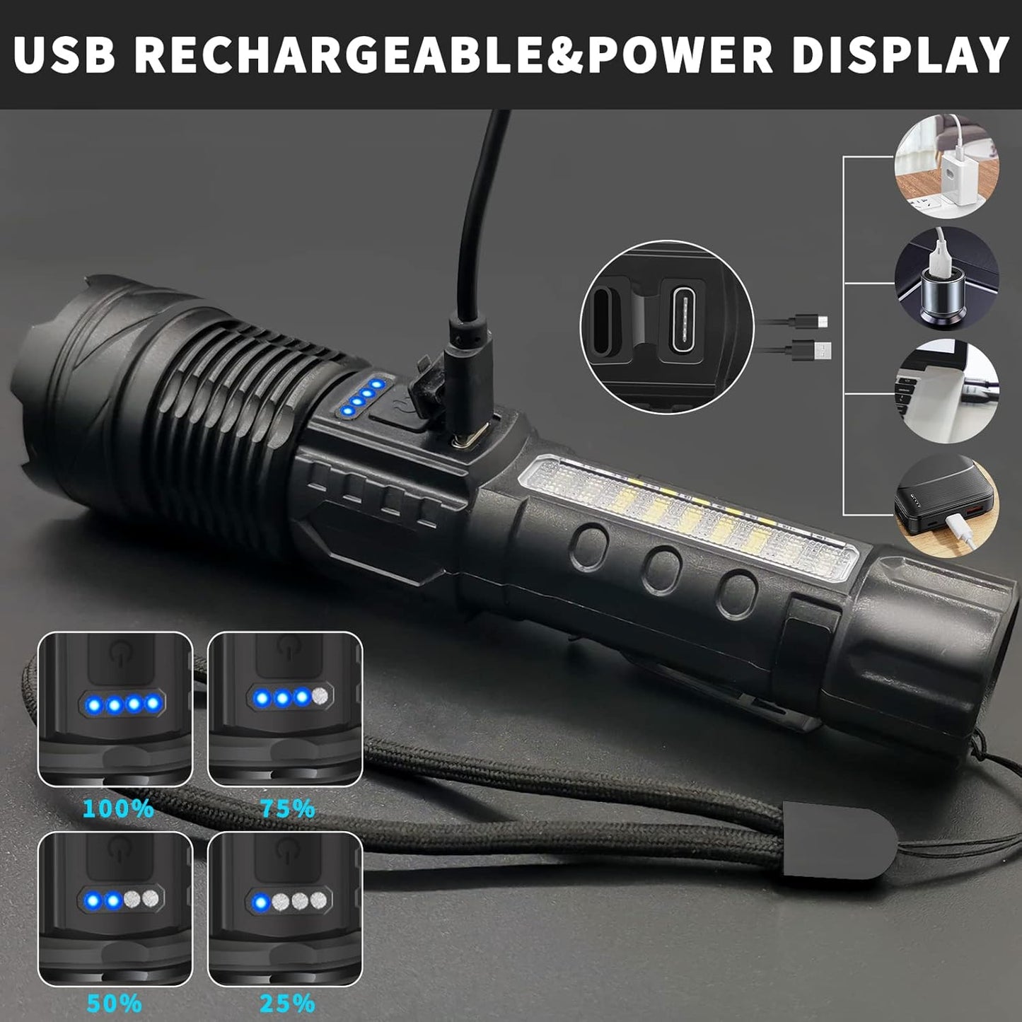 Flashlight Rechargeable 5 Modes of 10000 High Lumen,IPX6 Waterproof Flashlight,LED Flashlight Ultra Bright,Portable Flashlight for Outdoor Activities Such as Camping,Cycling,Mountain