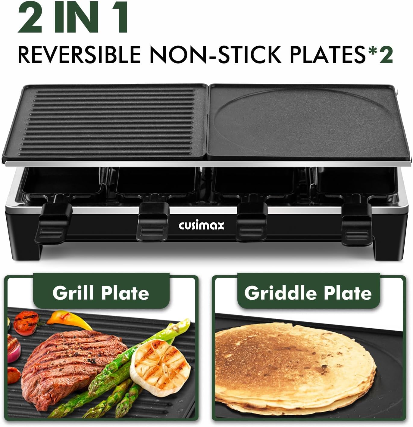 Raclette Table Grill, CUSIMAX Electric Indoor Grill, Portable Korean BBQ Grill with 2 in 1 Reversible Non-stick Plate& Natural Grill Stone, 1500W Electric Party Grill, 8 Raclette Pans& Wooden Spatulas