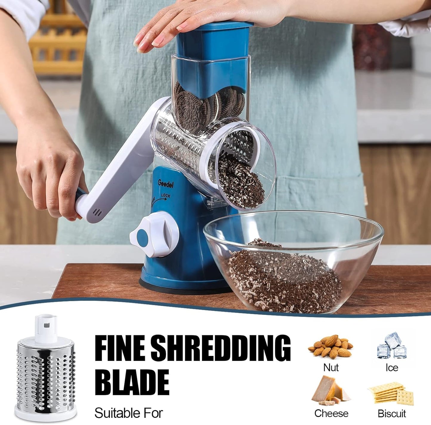 Geedel Kitchen Cheese Grater, Rotary Mandoline Vegetable Slicer with Interchangeable Blades, Easy to Use Rotary Grater Slicer for Fruit, Vegetables, Nuts