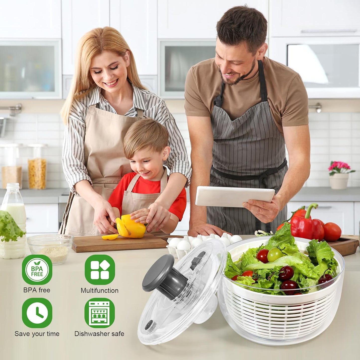 Salad Spinner - 3.6 Litre Non-Slip Vegetable & Fruit Washer/Dryer for Households, Easy-Clean Kitchen Gadget for Greens, Herbs & Vegetables