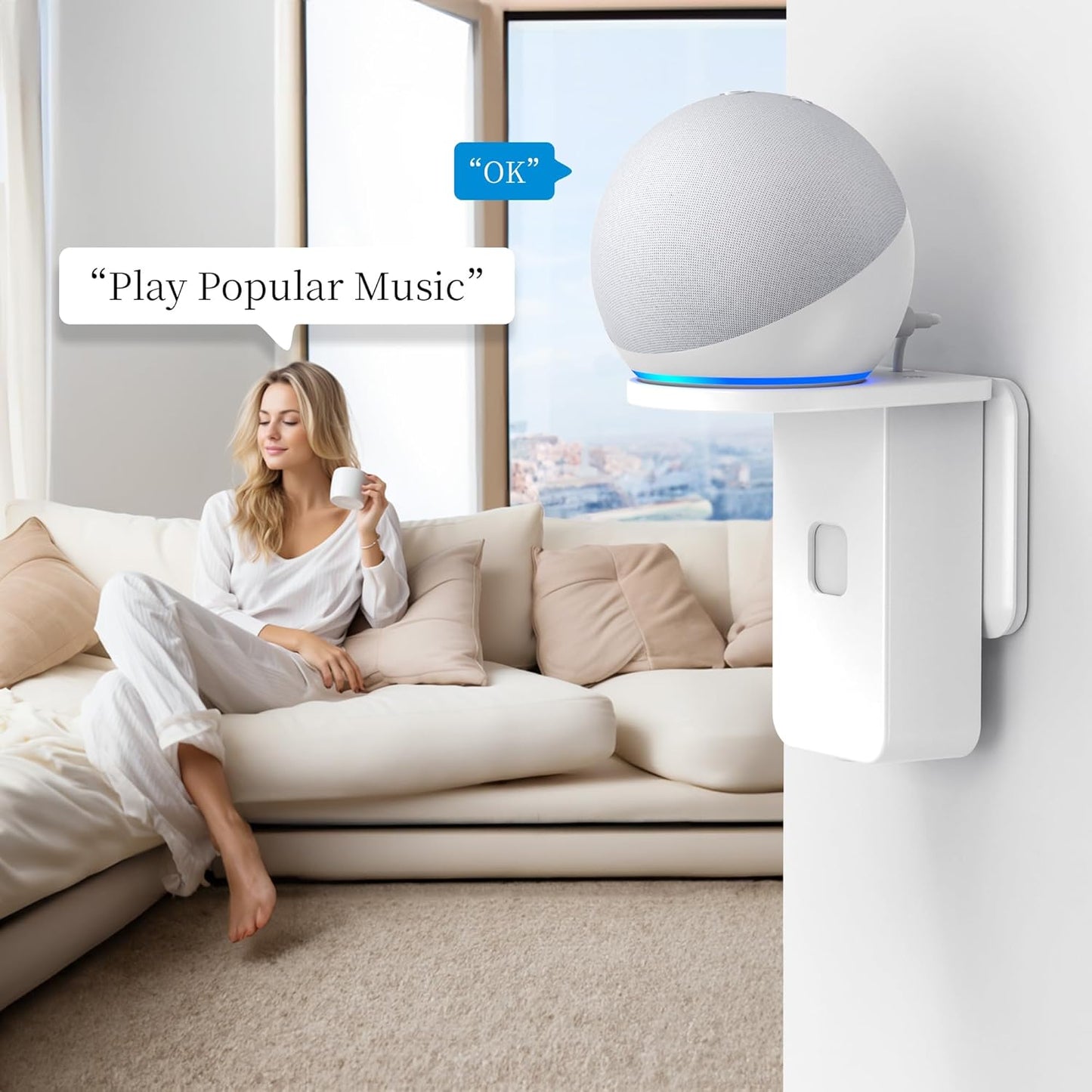 PlusAcc Wall Mount for Dot 5th & Dot 4th Gen & Pop & Google Nest Mini - Upgraded Alexa Dot 5th/Dot 4th Gen Outlet Holder Stand Shelf Accessories with Cable Management, No Drilling Required (White)