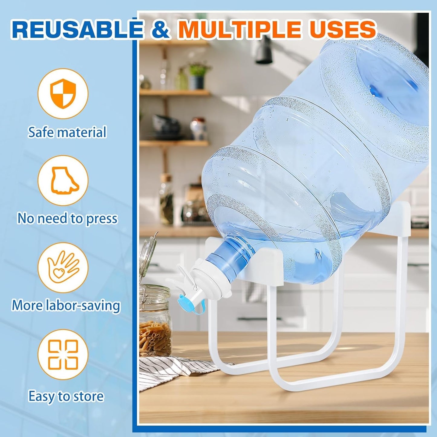 Eazmate Metal 5 Gallon Water Jug Stand Dispenser with 2.15 Inch Dustproof Valve, Non-Slip Drinking Water Cooler Rack with Two Reusable Spout
