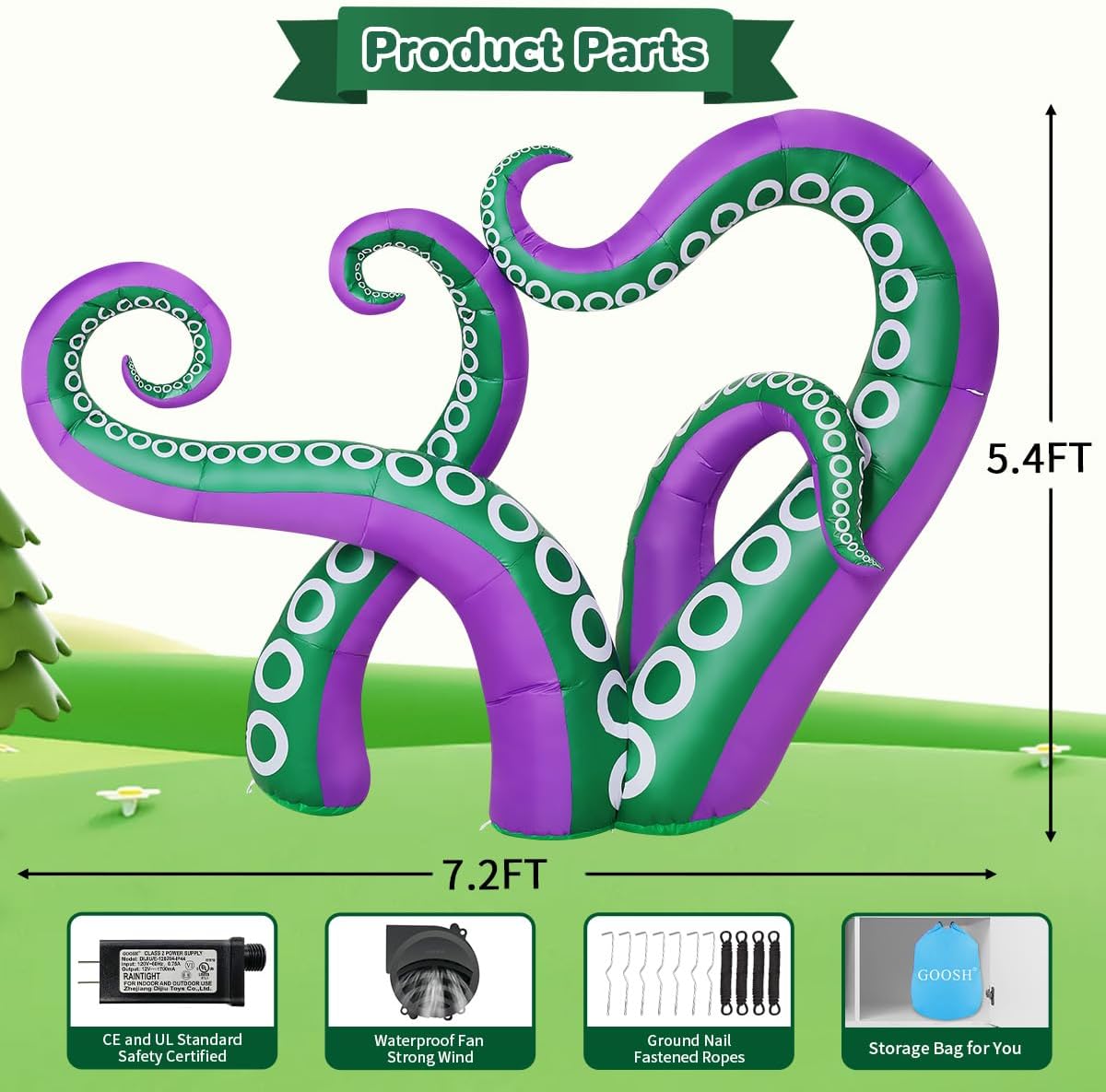 GOOSH 7.2 FT Long Inflatables Octopus Holiday Outdoor Decorations Blow Up Yard with Built-in LEDs for Vacation Garden Lawn Indoor Party Decor