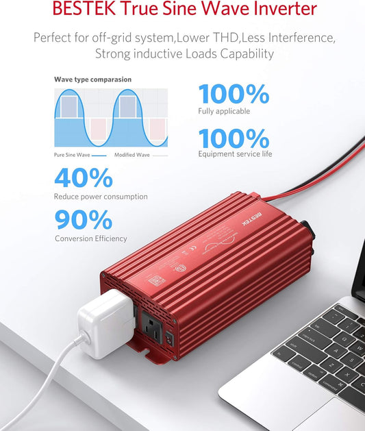 BESTEK 500W Pure Sine Wave Power Inverter DC 12V to AC(2 Outlets) 110V Car Charger Plug Inverter Adapter Converter with 4.2A Dual USB Charging Ports, ETL Listed - PuriLite