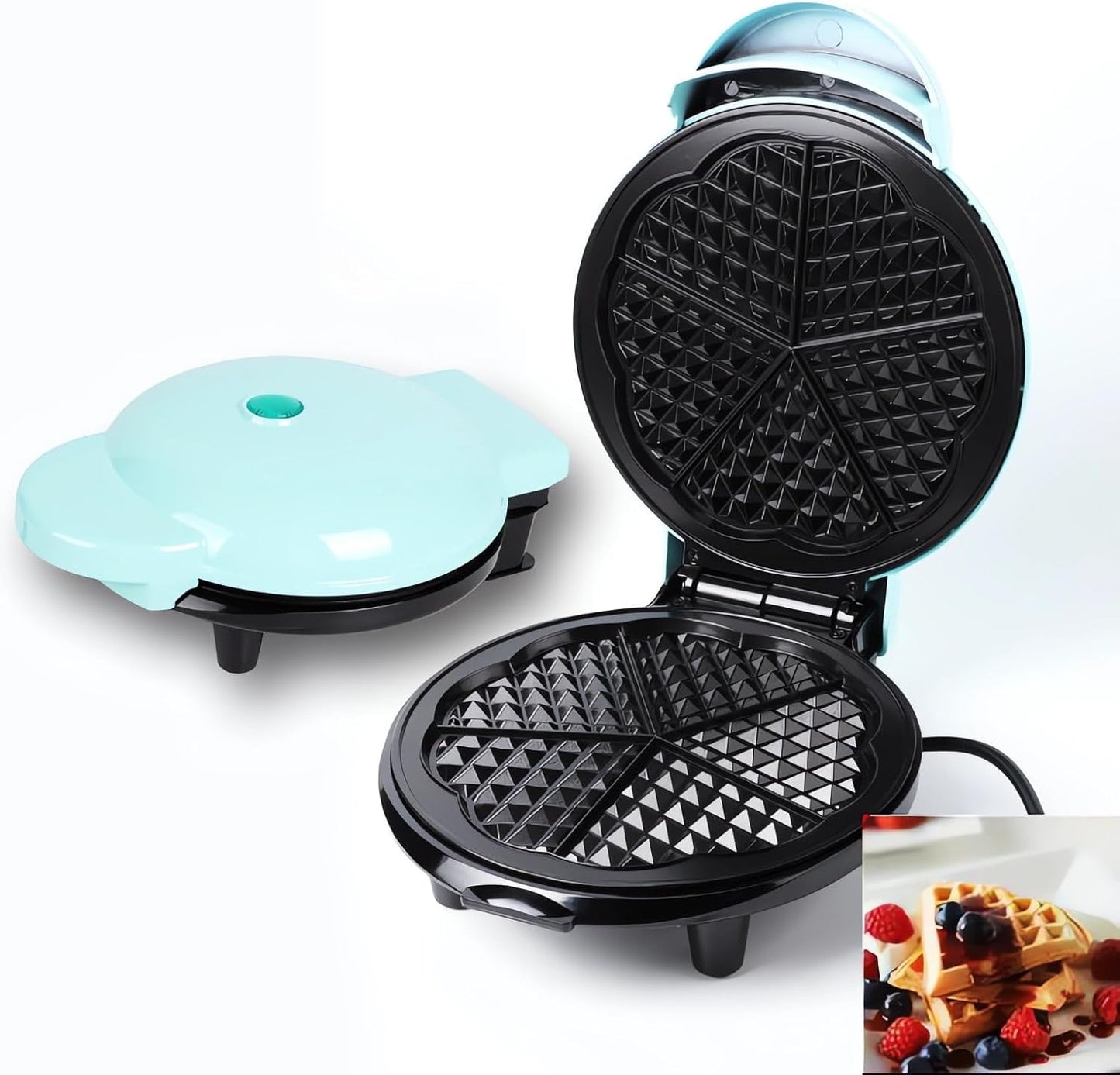 Mini Maker Waffle Maker 5“ Non-Stick Waffler Iron Stuffler Stuffed Wafflera Adjustable Browning Control, Heart, Azure