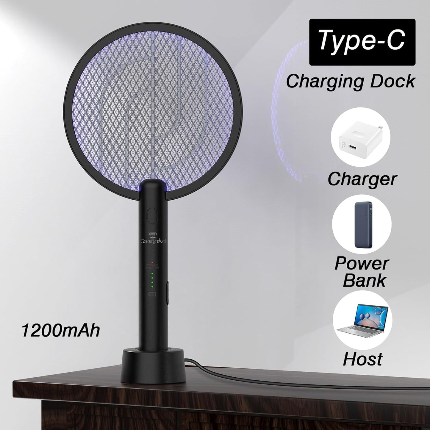 Gooqand Bug Zapper Racket, 2 in 1 Electric Fly Swatte with 3 Layer Safety Mesh, 4000V Fly Zapper with USB Rechargeable, Indoor Outdoor Fly Racket for Bedroom, Kitchen, Camping