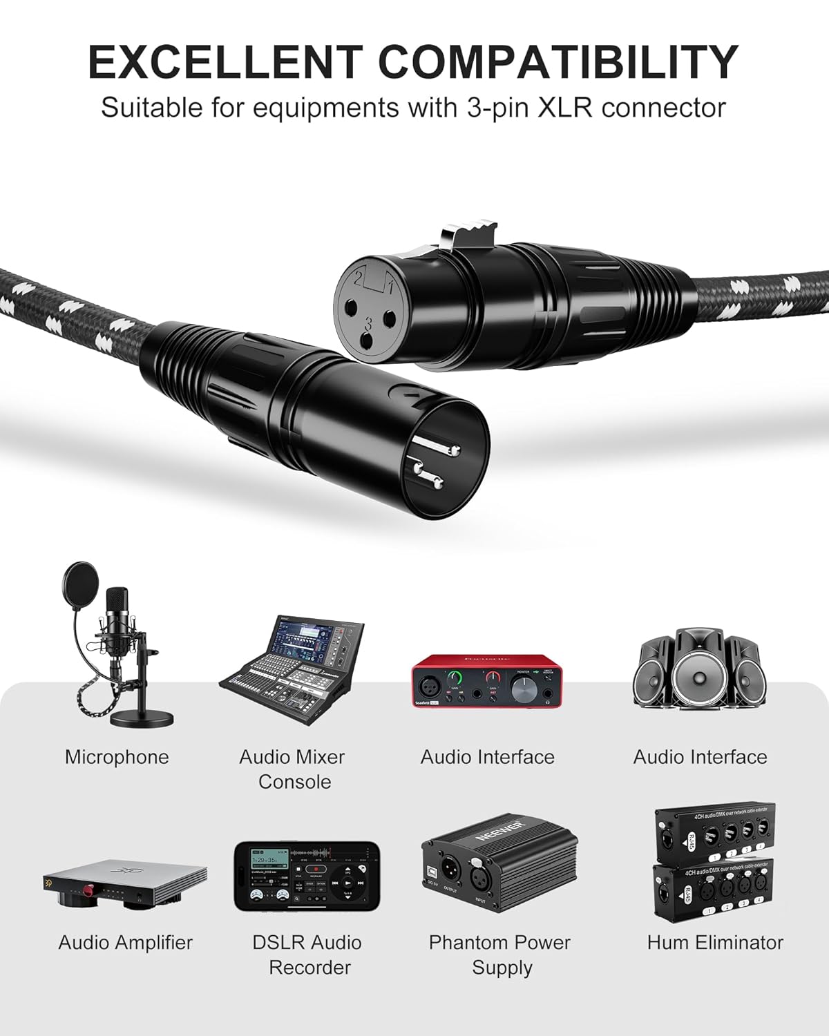 VANDESAIL XLR Cables 25ft 2 Pack, Durable Nylon Braided XLR Microphone Cable, Mic Cable, Shielded and Fully Balanced OFC Male to Female Cord for Recording Mixer Amplifie Speaker Black White