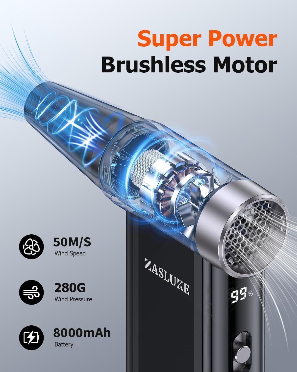 ZasLuke Compressed Air Duster, 300000RPM Cordless Electric Air Blower with Brushless Motor, 8-Gear Adjustable Mini Blower with Fast Charging, Dust Blower for Computer, Keyboard, House, Outdoor and Car