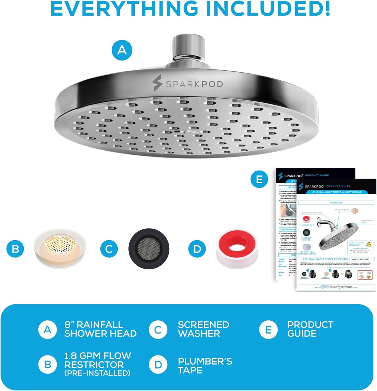 SparkPod Shower Head - High Pressure Rain - Premium Quality Luxury Design - 1-Min Install - Easy Clean Adjustable Replacement for Your Bathroom Shower Heads (Luxury Polished Chrome, 6 Inch Round)