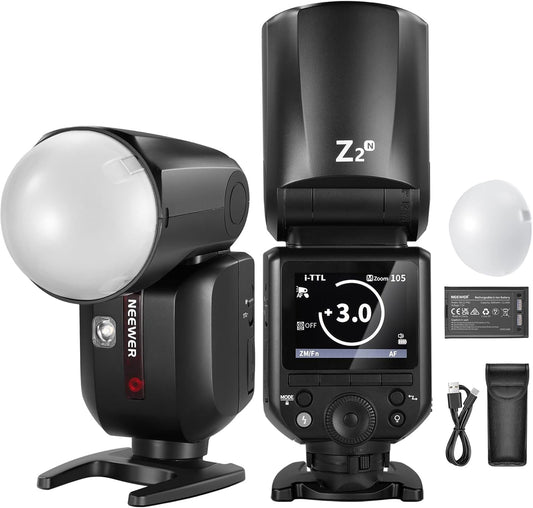 NEEWER Z2-N 2.4G TTL Round Head Flash Speedlite Compatible with Nikon Cameras, 76Ws 1/8000s HSS with Diffuser, 2 Modeling Lamps, Upgraded UI, TTL/M Toggle Key, 3000mAh Battery, 600 Full Power Flash
