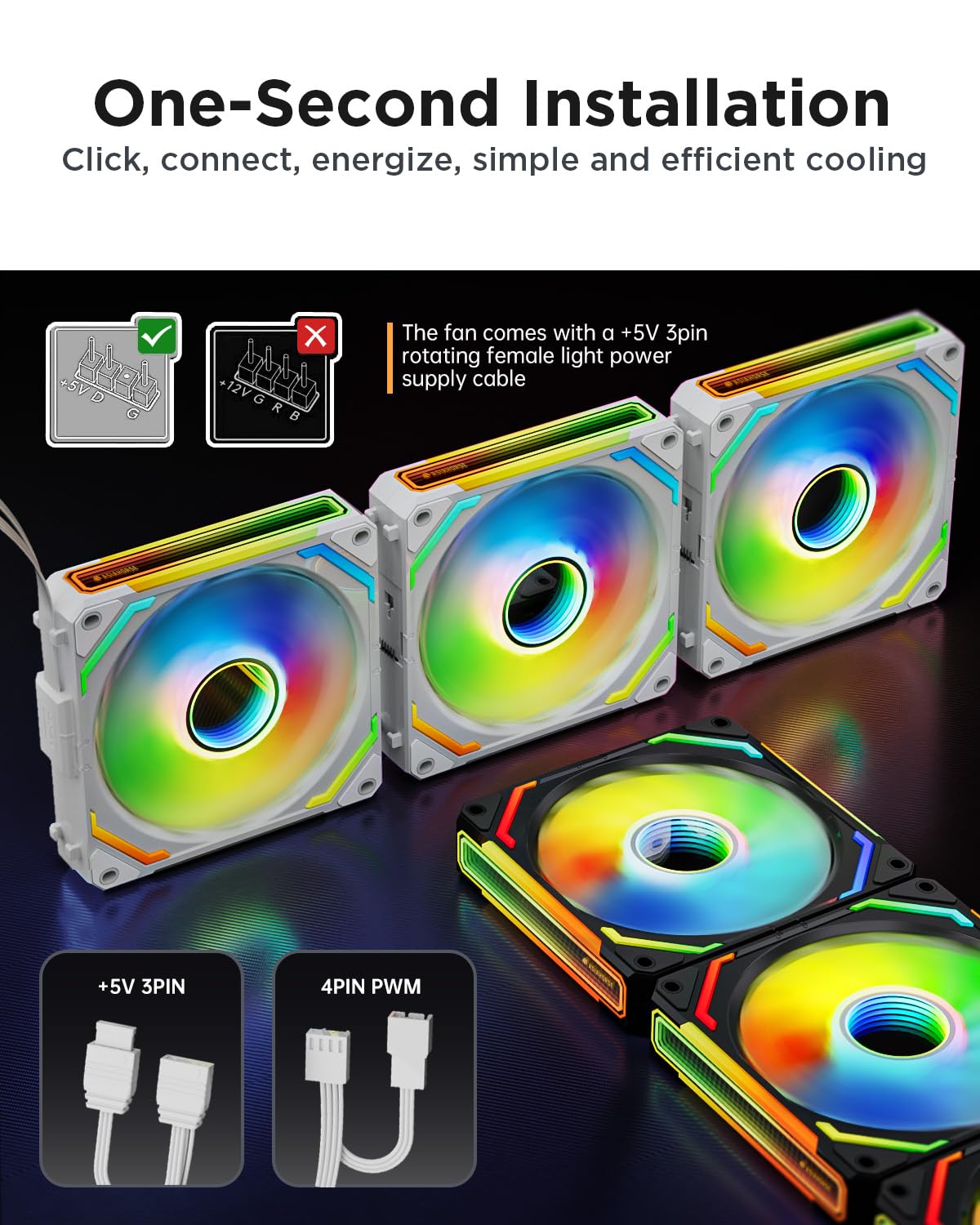 AsiaHorse COSMIQ-Black 120mm PC RGB Fans, 5V 3-PIN Connector Daisy Chain FDB PWM Computer Case Fans with RGB Controller for Cases CPU Liquid Coolers, 3Pack (Black) (Black, 3_Pack_Forward_Blade)